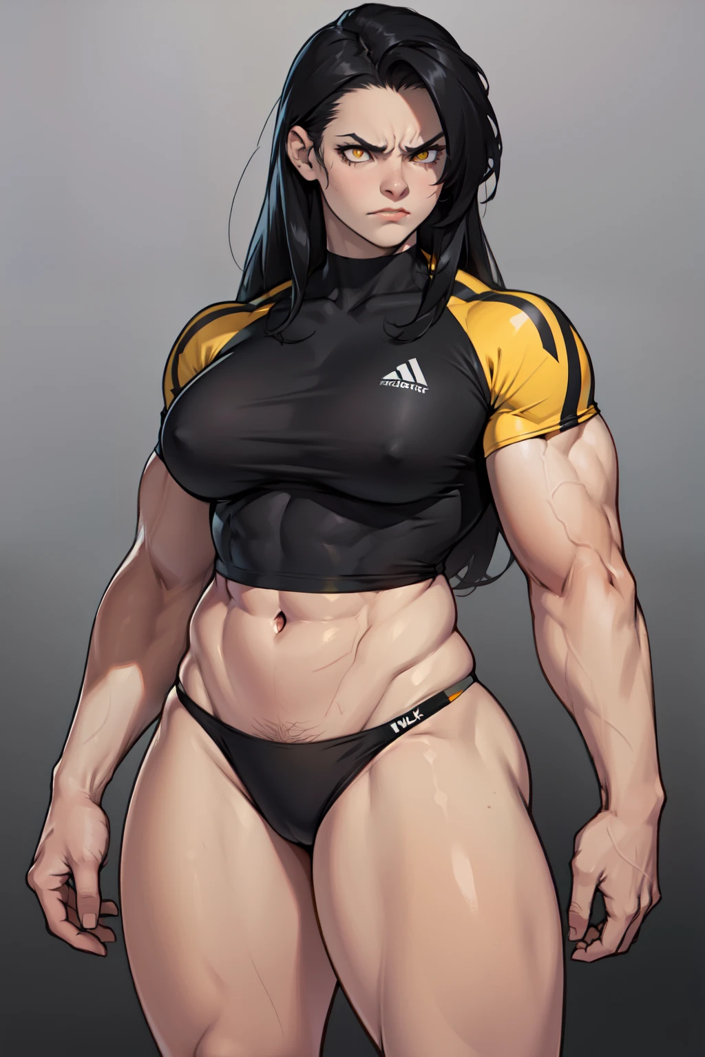 ((1girl)) pale skin large breasts (muscular) toned body thick thighs black hair yellow eyes (long hair grey background) bodybuilder angry tight shirt