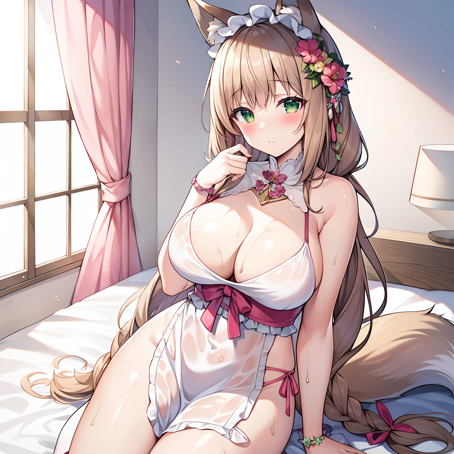 Masterpiece, Best quality, high resolution, 1girll, Solo, Oversized fox tail,Green eyes,(Long brown hair_Sideways French braided hair),Small flower headdress, (27years old,Big breasts wife)_Mature female figure_F Cup,Modern architecture,(Blushing:1.3),Showing , Wrap the body in a blanket, Pink ,Visible ,Wet body , A MILF,