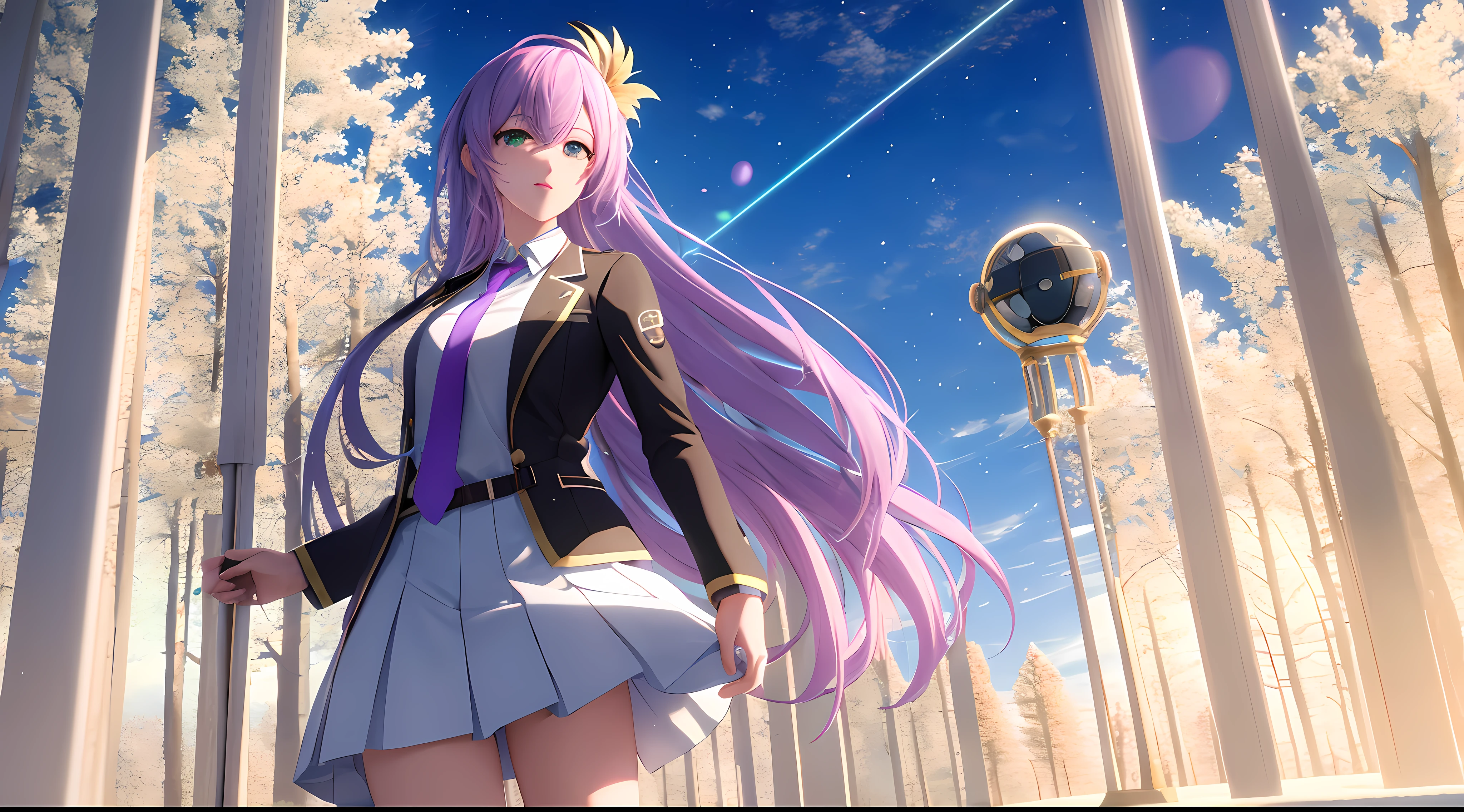 Athena with plain long light purple hair,hair between eyes,green eyes,rosy cheeks,full lips,thin eyebrows,slender body,wearing school coat necktie and full long skirt,cute anime girl,full body,fortress with trees in background,anime style,extremely deep depth of field,Lumen Reflections,Screen Space Reflections,Diffraction Grading,Chromatic Aberration,GB Displacement,Scan Lines,Ray Traced,Anti-Aliasing,FXAA,TXAA,RTX,SSAO,Shaders,OpenGL-Shaders, GLSL-Shaders,Post Processing,Post-Production,cell Shading,Tone Mapping,CGI,VFX,SFX,insanely detailed and intricate, 4K,standing, solo, masterpiece, best quality, detailed face, detailed eyes, highres, standing, solo,masterpiece, best quality