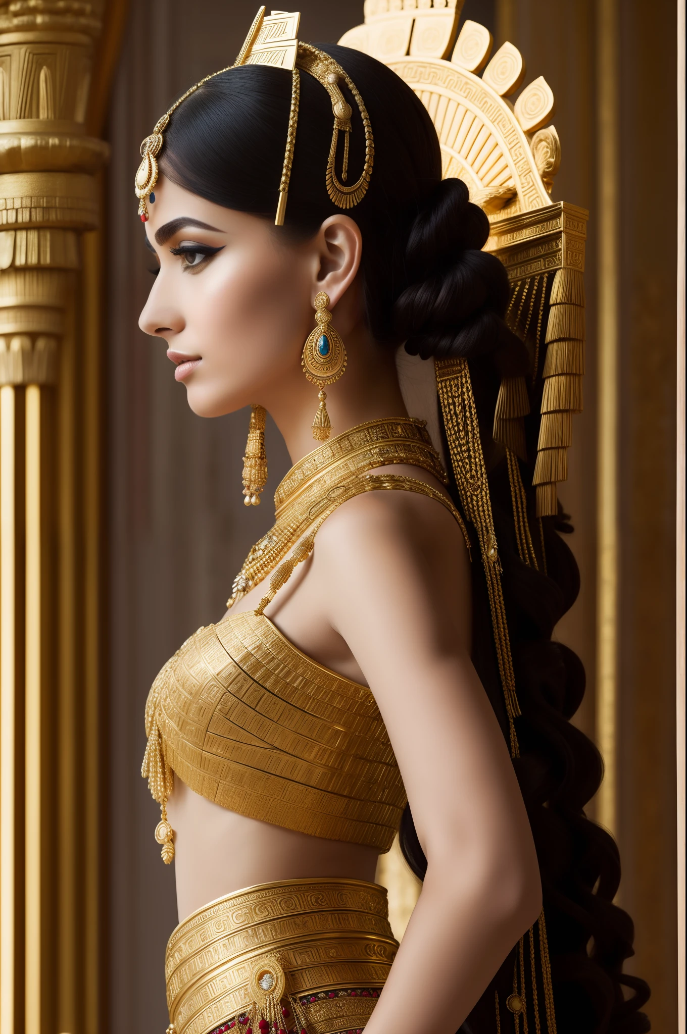 Cleopatra 7,Greek-style hairstyle,greek clothes,beatiful detailed eyes,Beautiful detailed lips,long eyelashes,Interesting posture,Confident expression,Luxuriously decorated dresses,Golden Accessories,Elaborate headdress,Glamorous jewelry,Wang Wat,Palace in the background,Richly decorated throne,serene ambiance,vivd colour,Impressive lighting,Photorealista,Historical portrait of Cleopatra 7,Master Parts:1.2