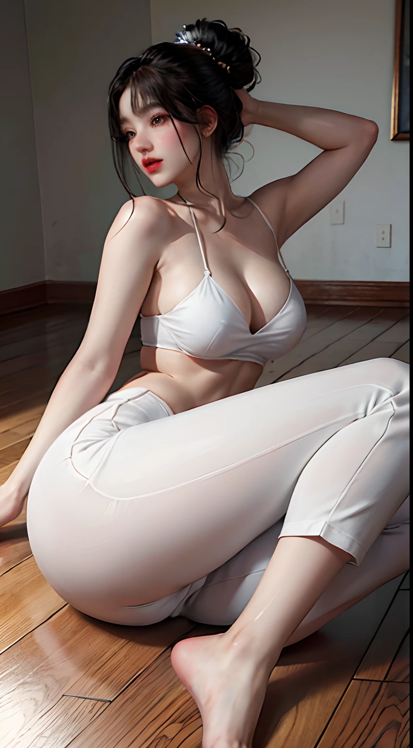 (High resolution, realista) retrato de una hermosa chica coreana con (cabello blanco ondulado) y (heterochromic eyes)Ella lleva un (Camisa blanca suelta) y (pantalones de yoga) que la muestran (abdominales apretados) y (Dedos de camello), mientras que su (pechos gryes) y (piernas largas) add to the allure. Big ass,yoga exercise pose
