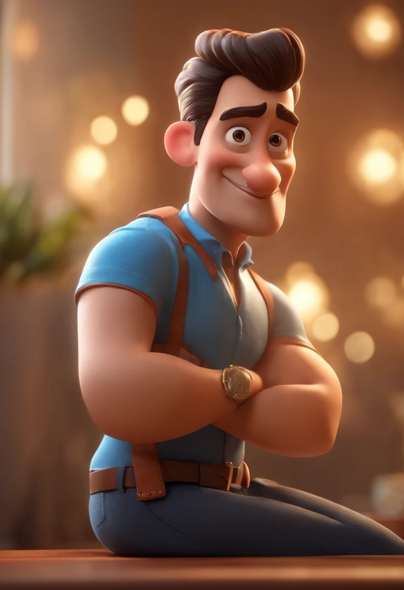 Cartoon character of a man without glasses and a blue shirt, com barba grande grossa e cheia, um personagem animado, Caractere estilizado, animation style rendering, 3D estilizado, Arnold Maya render, 3 d render stylized, toon render keyshot, Personagem 3D, Personagem 3D, 3d rendering stylized, 3 d character render, personagem de desenho animado, Personagem de close up, Pose de personagem, (Estilo Pixar) (master part:1.2) (Bokeh) (best quality) (pele detalhada) (textura detalhada) (8k) (argila) (Cinematic lighting) (foco nítido,Senta e vaza a parte superior do corpo