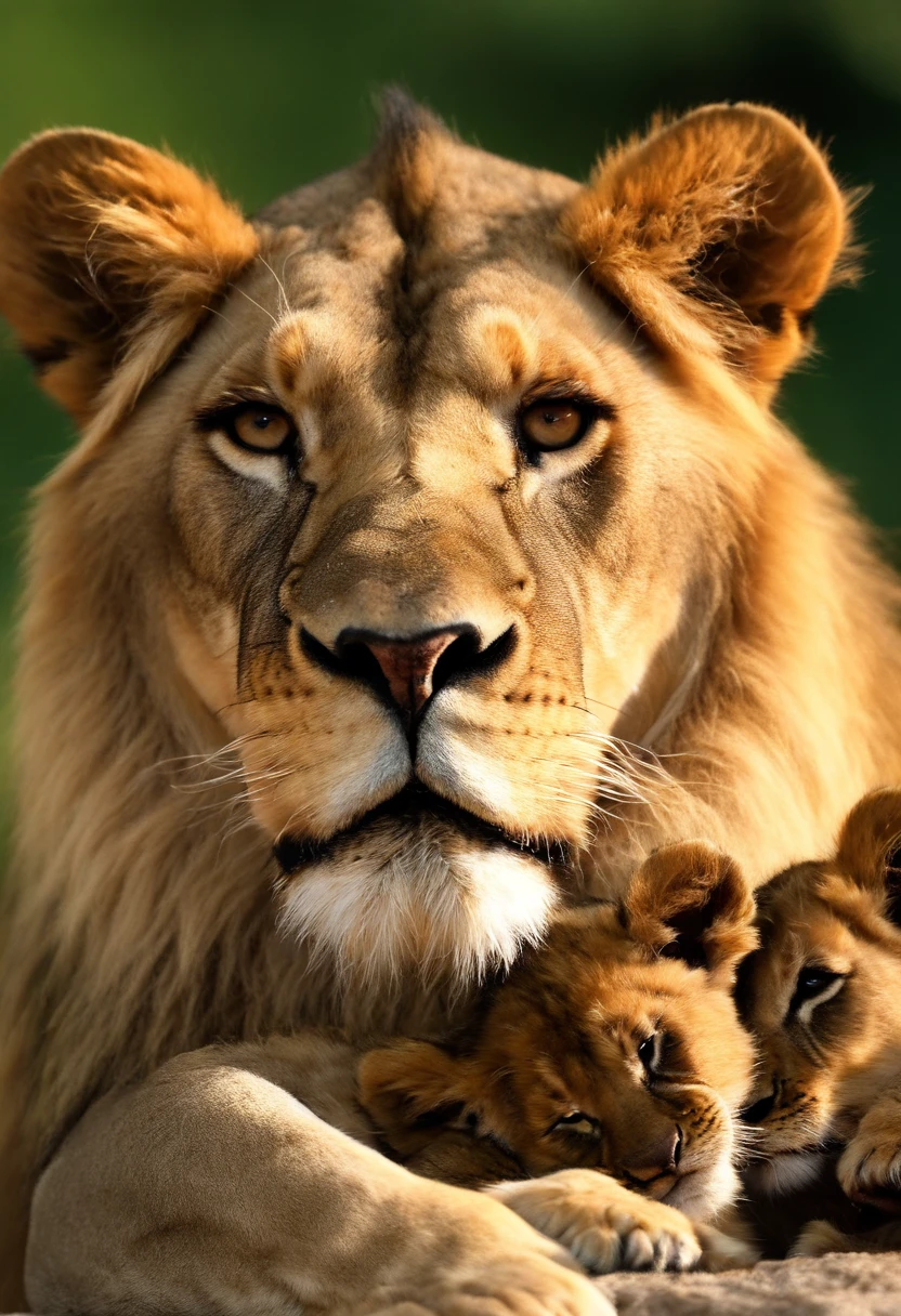 ((master part)),(((melhor qualidade))),((ultra-detalhado)),Family of a lion, three baby lion and a lioness