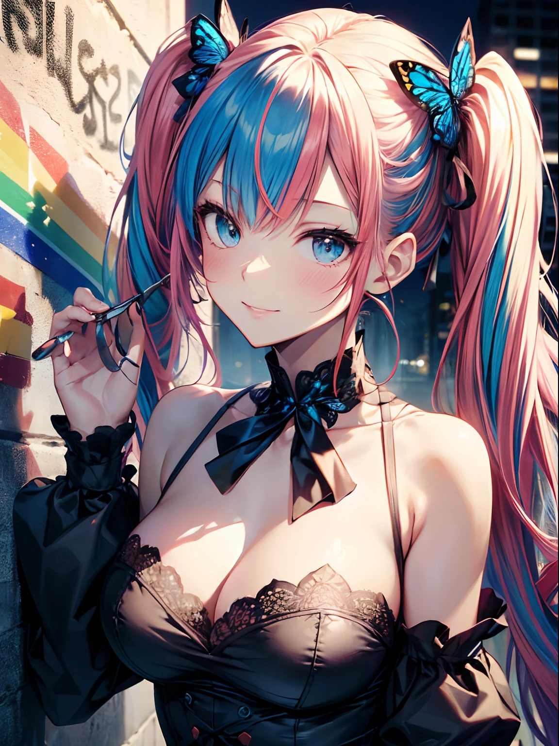 (masutepiece:1.3), (8K, Photorealistic, Raw photo, Best Quality: 1.4), Beautiful face, (Realistic face), Beautiful detailed eyes, (Realistic skin), Attractive, Intricate details,Golden ratio, 1 girl,Naughty smile, (rainbow hair:1.4),((Long twintails,Ribbon 1.4)),Gothic ta Fashion,(Blue butterfly hair ornament),off shoulders,cleavage,mid-riff peak,Street,graffiti wall,Dynamic Pose,Dynamic Angle,Intricate details, Hyper realistic, Perfect Anatomy