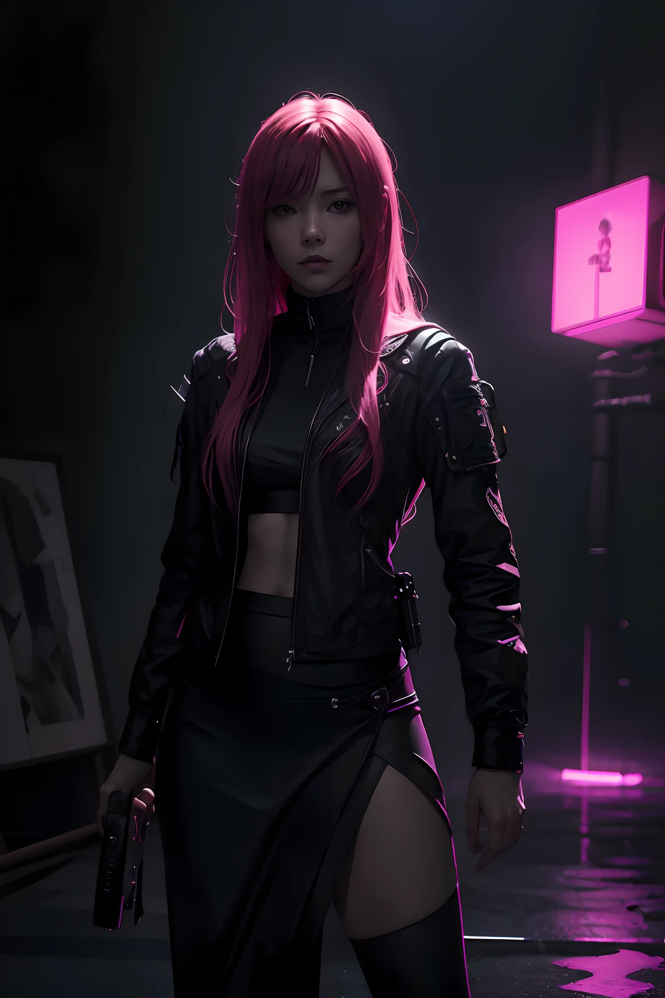 Hitori Gotō (Gotō Hitori?) Retrato ultra detallado , Long Warm Pink Hair Black Skirt Cyberpunk Ambience, con una guitarra, tocadola caminando,Shaded illustration of high-quality cells in post-apocalyptic style, cuerpo completo, dynamic pose, Perfect Anatomia, centrado, libertad, alma, approach to perfection, Sombreado de celdas, 4k, cinematic dramatic atmosphere, Pintura de acuarela, global ilumination, Entorno detallado e intrincado, Art Station, arte conceptual, fluid and sharp focus, volumetric illumination, cinematography lighting
