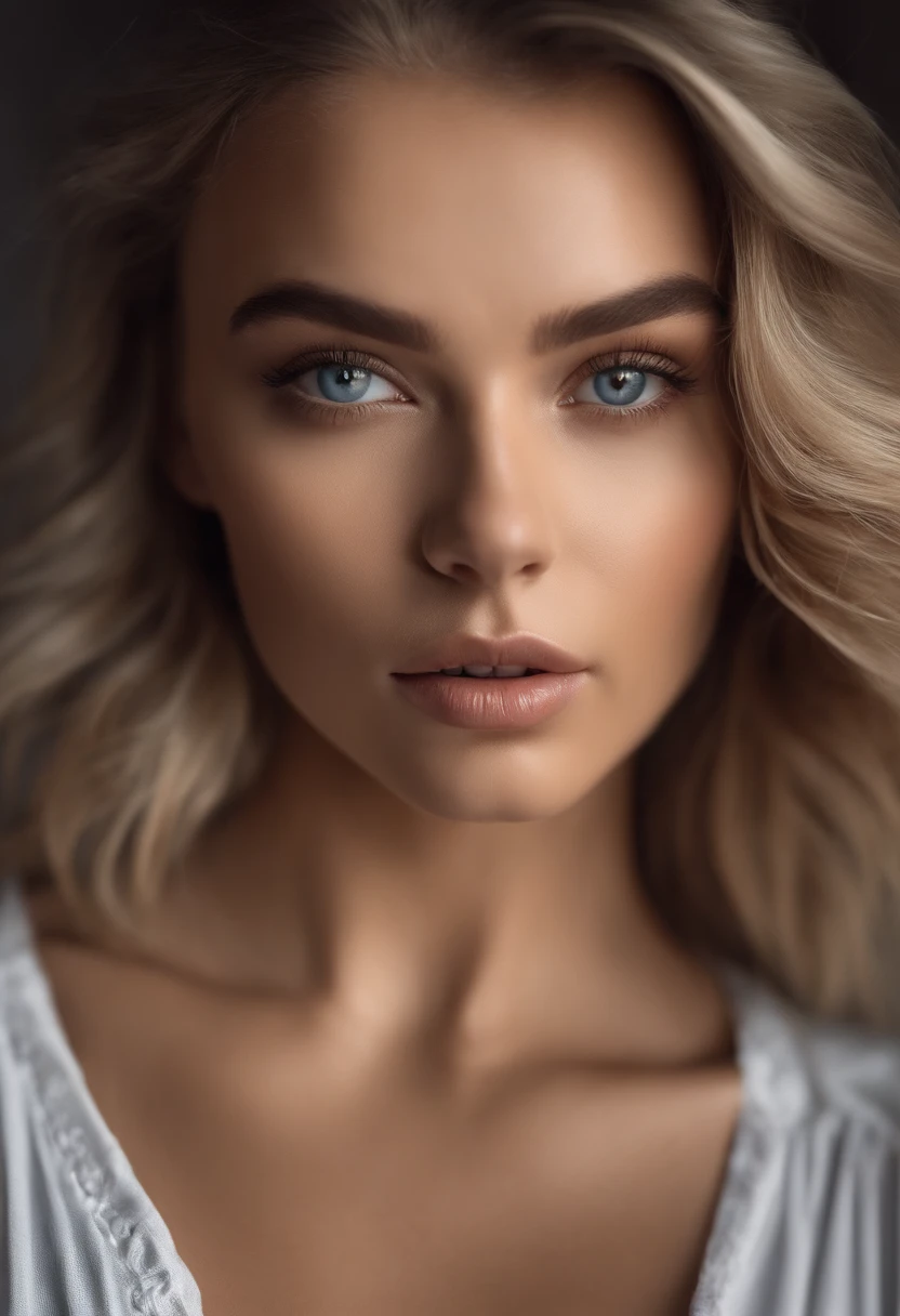 Arafed woman completely , fille sexy aux yeux bleus, ultra realist, Meticulously detailed, Portrait Sophie Mudd, cheveux blonds et grands yeux, selfie of a young woman, Yeux de chambre, Violet Myers, sans maquillage, maquillage naturel, looking straight at camera, Visage avec Artgram, Maquillage subtil, Great photo of the whole body standing in a club, grandes hanches, Very large bust, dans la chambre, Dressed in sportswear