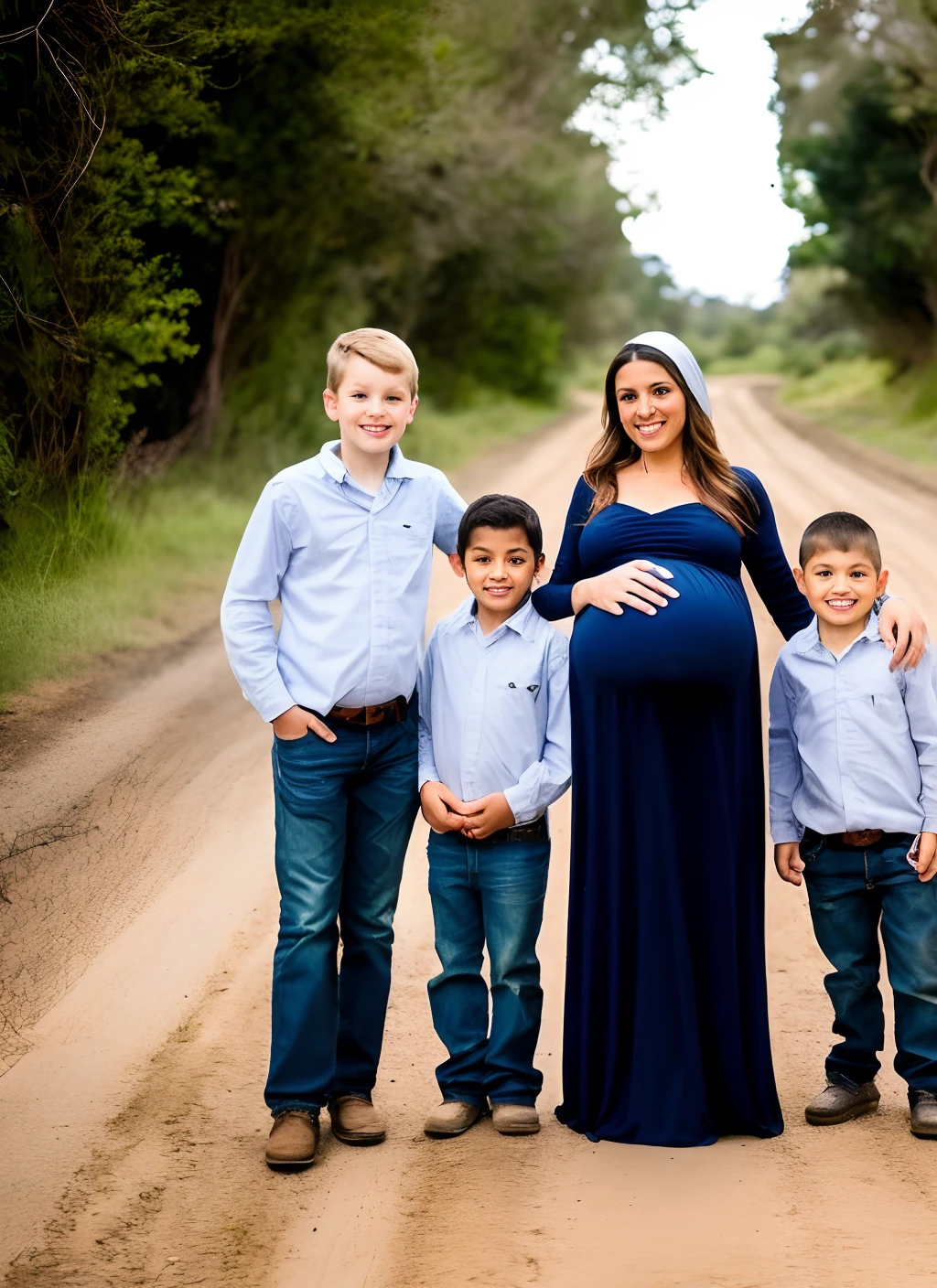 Pregnant woman, with cloth on her head with three children one arm of black hair , um moreno baixo com 10 anos, um loiro com 8 anos e uma menina morena de 5 anos de idade, In the background, a road, a house, a tree and bushes next to it