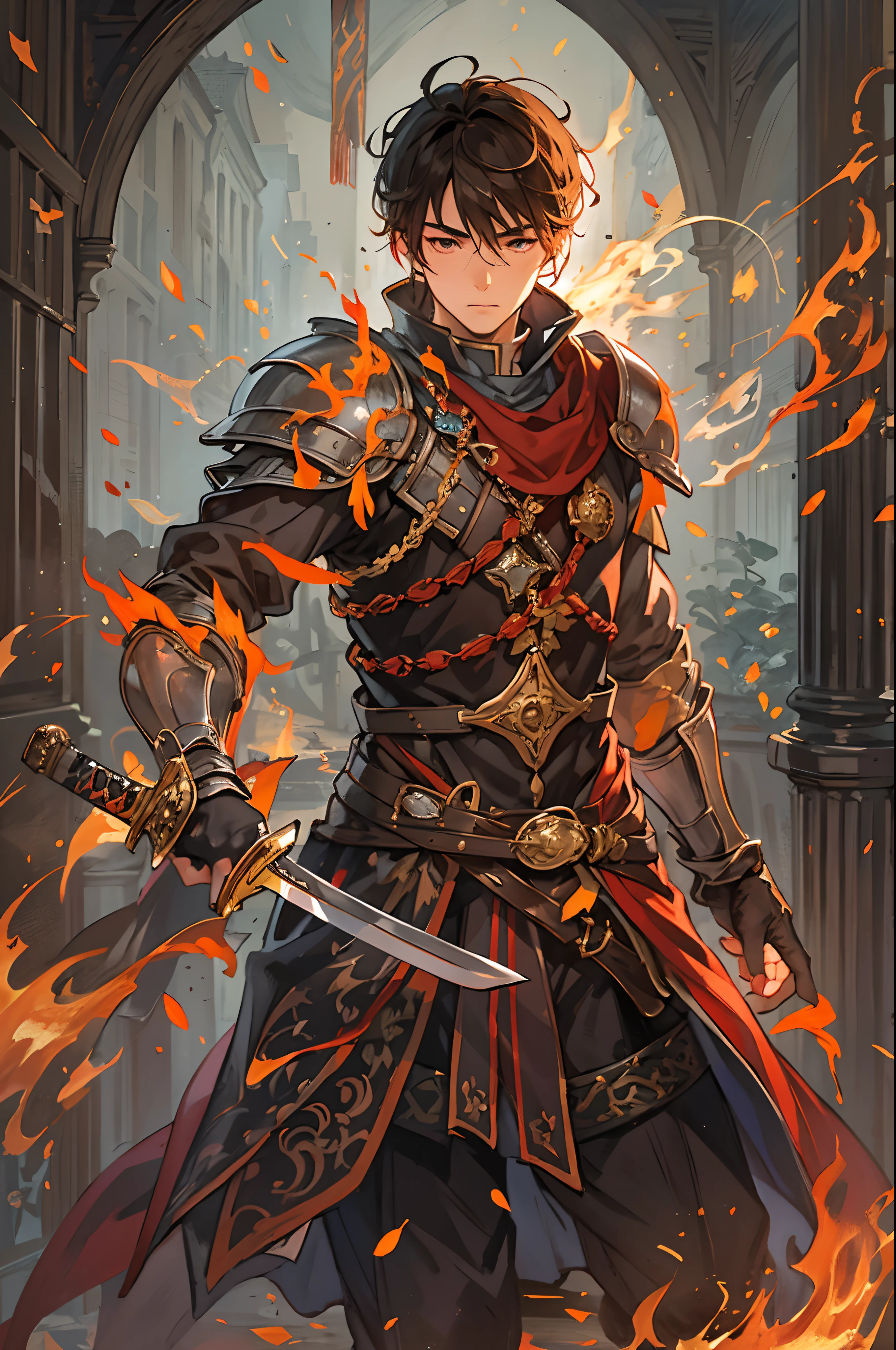 A 17-year-old teenage boy, a boy swordsman, holding an medieval sword, height 1.7m, weight 70kg, light skin tone, without a beard, without a goatee, no facial hair, no body hair, brown hair color, straight hair, pointed ears, medieval knight's silver armor, red clothes, he stands engulfed in a cascading torrent of flames, the fire's heat tempered by an otherworldly energy, as the magical fire spirals and dances, it conjures a swirling dance of luminous particles, each a fragment of his ethereal aura, arcane symbols materialize in midair, their glow casting an eerie light on his intense focus