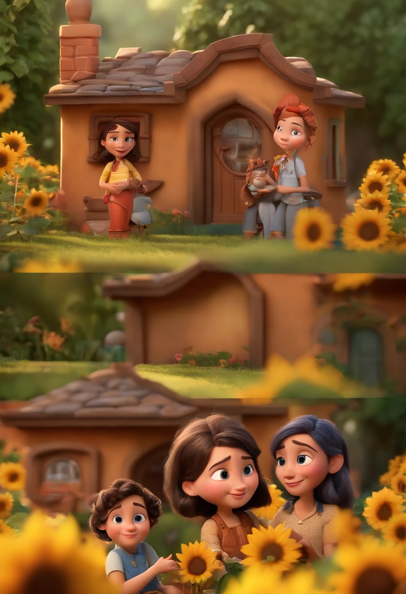Create a Disney PIXAR-style 3D poster. ((centro da imagem, Triplets)), ((3 children)) ((1 menino no meio e 2 meninas ao lado, They're hugging each other, O menino tem pele castanha e cabelos castanhos escuros e olhos castanhos escuros, 1 menina tem pele clara, olhos e cabelos escuros e cacheados, e a outra menina tem pele morena, olhos escuros e cabelos escuros e lisos)) ((tudo isso no estilo Disney PIXAR 3D, In the background, A house of sunflowers, Gloria Studio, The garden is full of nature 3D render RTX clay material, estilo de design cartunesco, POP Mart, soft lighting, linhas suaves, Spring tilt, Detailed illustrations of PIXAR 3D, Detalhes hiper-realistas, cor quente no estilo Disney PIXAR 3D))