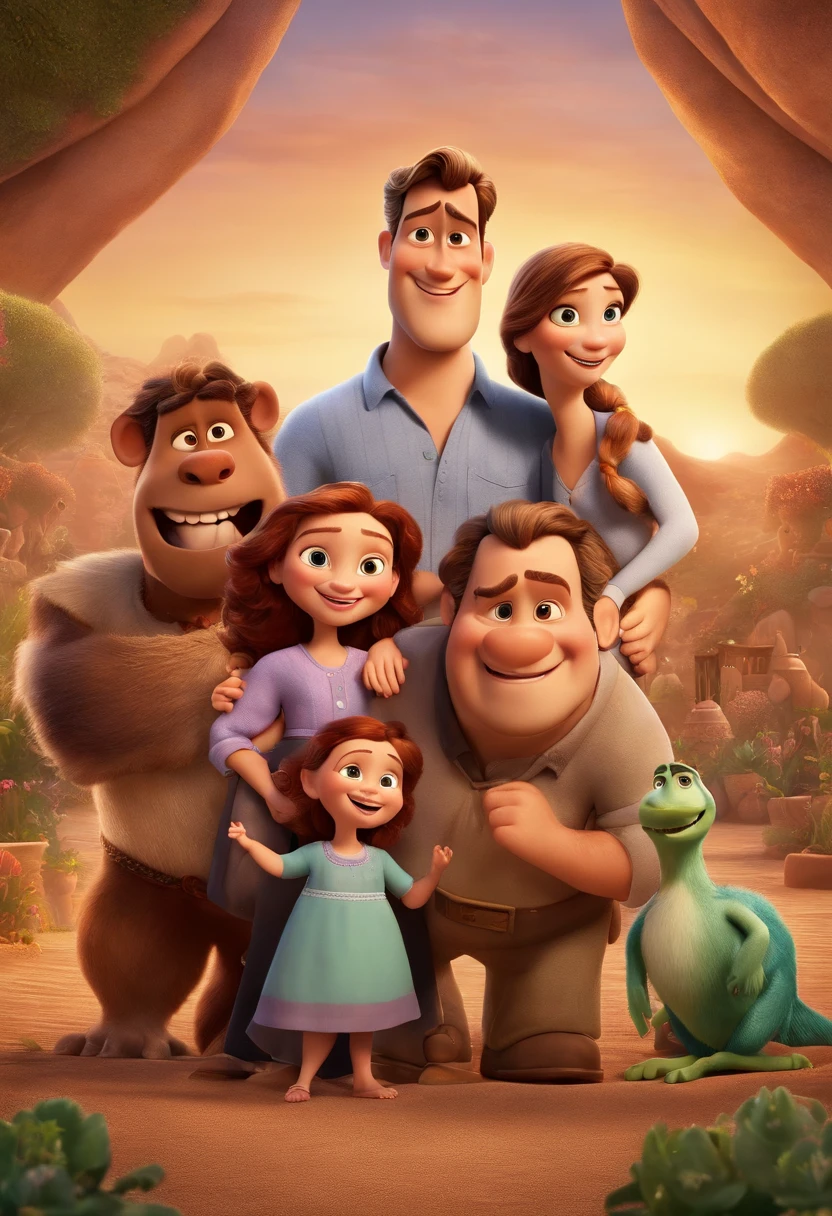 a Disney Pixar movie poster showing a white-skinned family. The father is the tallest, Tem barba curta, loiro, cabelos curtos e espinhosos. The mother has brown eyes and hair, shoulder-length and is slightly overweight. A menina tem 4 anos e cabelos castanhos, roupa rosa e rabos de cavalo. The background is a beach garden. 3D-rendering