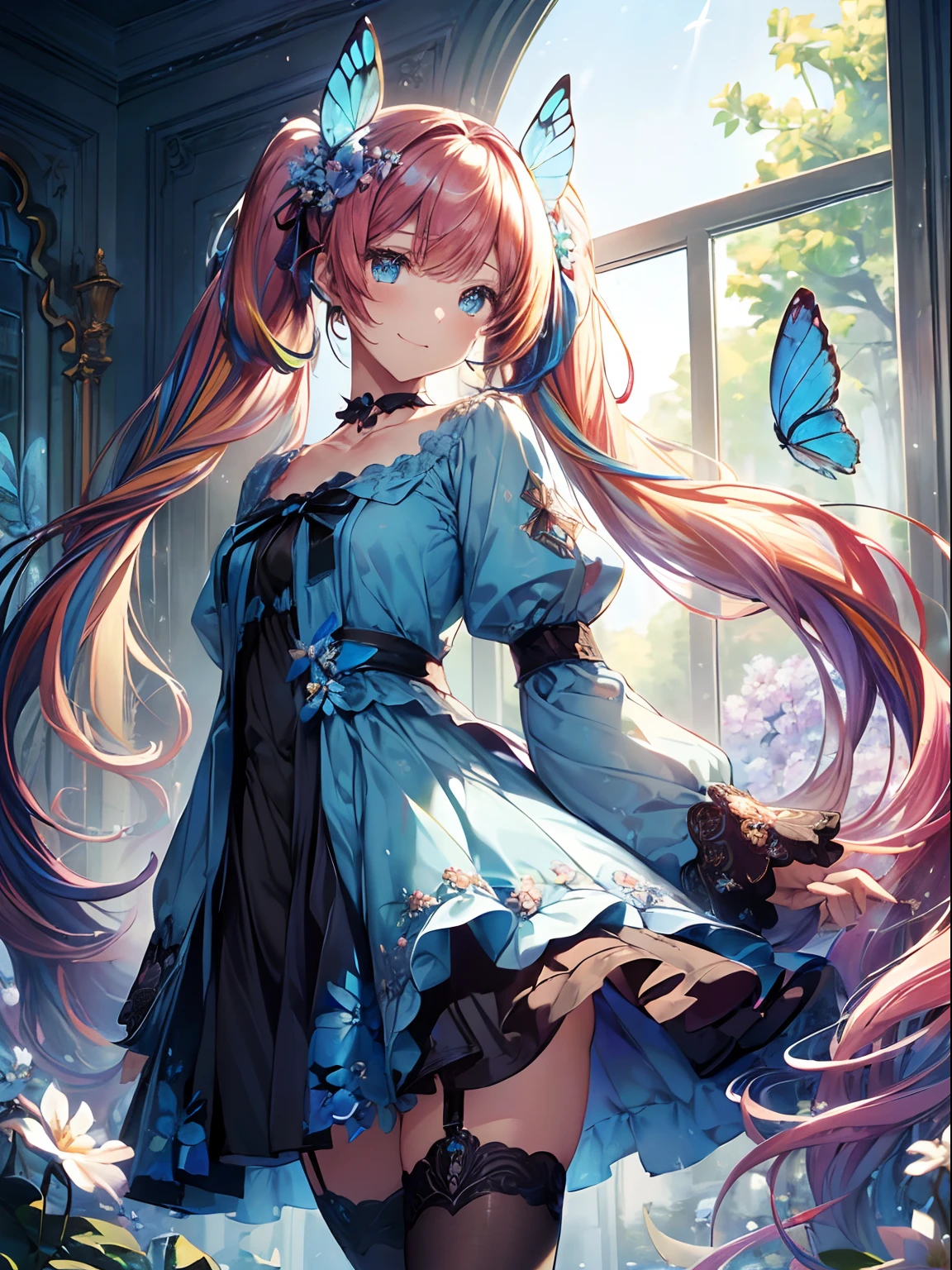 (masutepiece:1.3), (8K, Photorealistic, Raw photo, Best Quality: 1.4), Beautiful face, (Realistic face), Beautiful detailed eyes, (Realistic skin), Attractive, Intricate details,Golden ratio,  1 girl,Naughty smile, (rainbow hair:1.4),((Long twintails,Ribbon 1.4)),（looking-down),Dynamic Angle,ultra-detailliert, illustratio, gros-plan, Straight, One girl, (Fantasia:1.4), (azure eyes:1.233),Her eyes shone like dreamy stars,(radiant eyes:1.233) ,(beautiful and delicate eyes:1.1),((+(Bullhair flower:1.14)),(Chiffon dress,Blue floral pattern on uniform)/=(military outfits:1.24),(no sleeves,wide sleeves),(Fingerless gloves),a choker,(Miko Niso),high-heels,(deadpan,Mouth closure),(Standing), (classical Princess boudoir with dressing tableand french windowin a white ancient palaces),(white blossoms、florals),(abyssal),(flowingwater),(a dull blue world tree:1.14),(Ruins),(natta:1.2 ),Dreamy,Seoul,(fluorescent),(Translucent blue butterfly flight:1.15),[[Delicate fingers and hands:0.55]::0.85],(Fine fingers),(yubao:0.5)