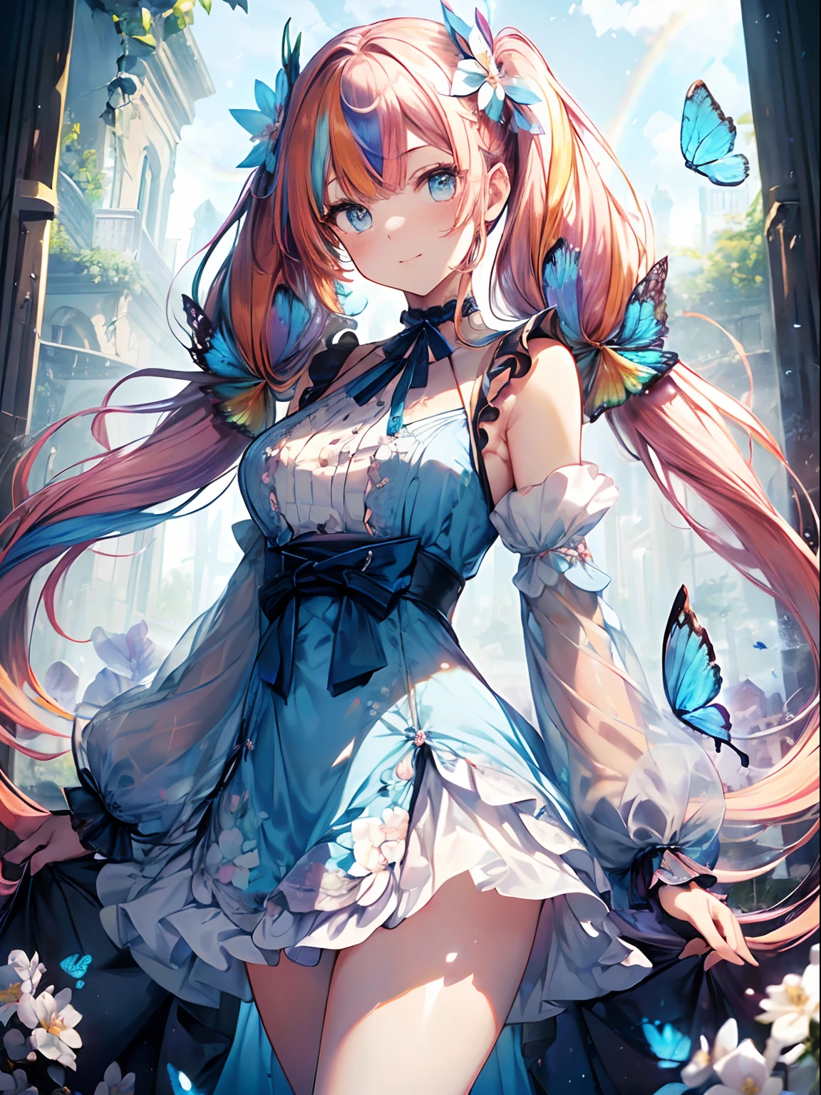(masutepiece:1.3), (8K, Photorealistic, Raw photo, Best Quality: 1.4), Beautiful face, (Realistic face), Beautiful detailed eyes, (Realistic skin), Attractive, Intricate details,Golden ratio,  1 girl,Naughty smile, (rainbow hair:1.4),((Long twintails,Ribbon 1.4)),（looking-down),Dynamic Angle,ultra-detailliert, illustratio, gros-plan, Straight, One girl, (Fantasia:1.4), (azure eyes:1.233),Her eyes shone like dreamy stars,(radiant eyes:1.233) ,(beautiful and delicate eyes:1.1),((+(Bullhair flower:1.14)),(Chiffon dress,Blue floral pattern on uniform)/=(military outfits:1.24),(no sleeves,wide sleeves),(Fingerless gloves),a choker,(Miko Niso),high-heels,(deadpan,Mouth closure),(Standing), (classical Princess boudoir with dressing tableand french windowin a white ancient palaces),(white blossoms、florals),(abyssal),(flowingwater),(a dull blue world tree:1.14),(Ruins),(natta:1.2 ),Dreamy,Seoul,(fluorescent),(Translucent blue butterfly flight:1.15),[[Delicate fingers and hands:0.55]::0.85],(Fine fingers),(yubao:0.5)