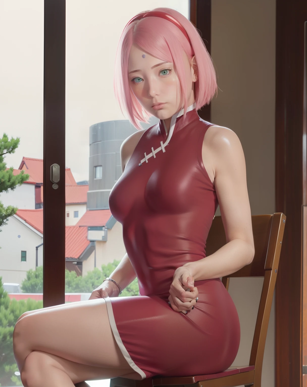 Sakura Uchiha.  a woman.  was sitting in a room.  he appeared to be sitting on a wooden chair.  by crossing his legs.  he wore a red ceongsam.  that looks so tight.  making the curves of her body trace.  Her breasts look so big and round.  she has short pink hair.  which is very straight and loose, not tied.  she had skin as white as snow.  her tiny lips were red.  and her cheeks were flushed red.  he seemed to be looking gently towards the front.  with a faint smile on his lips.  so beautiful and realistic