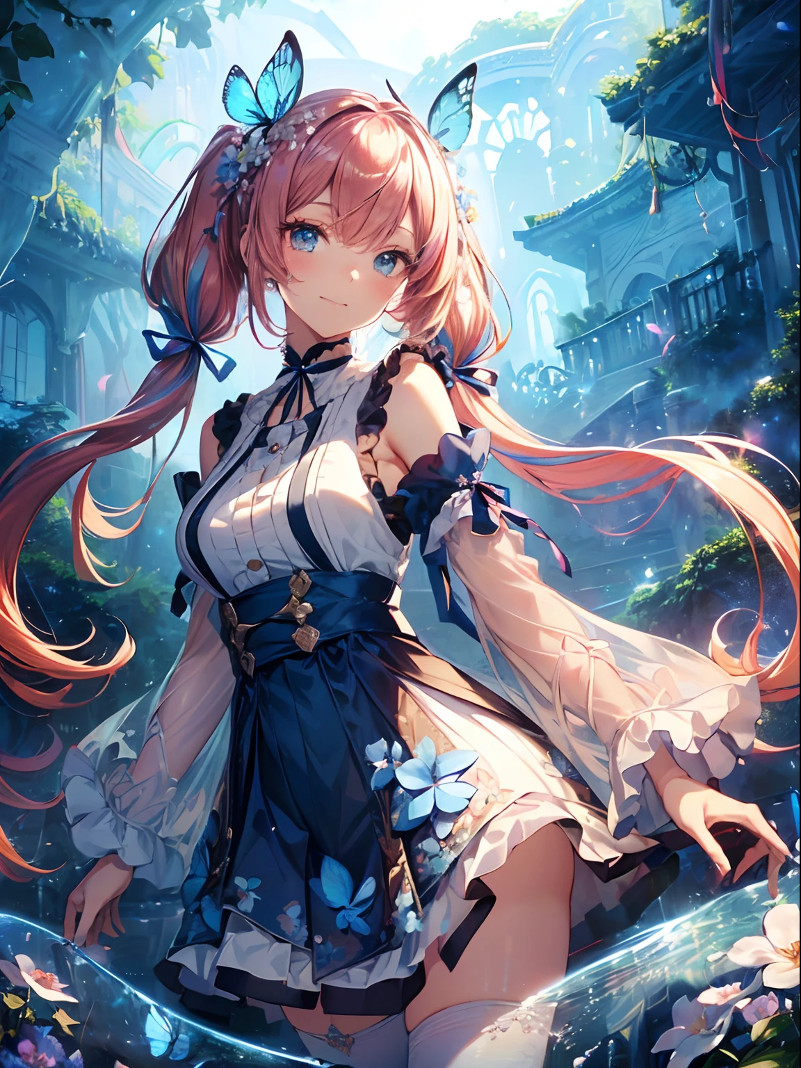 (masutepiece:1.3), (8K, Photorealistic, Raw photo, Best Quality: 1.4), Beautiful face, (Realistic face), Beautiful detailed eyes, (Realistic skin), Attractive, Intricate details,Golden ratio,  1 girl,Naughty smile, (rainbow hair:1.4),((Long twintails,Ribbon 1.4)),（looking-down),Dynamic Angle,ultra-detailliert, illustratio, gros-plan, Straight, One girl, (Fantasia:1.4), (azure eyes:1.233),Her eyes shone like dreamy stars,(radiant eyes:1.233) ,(beautiful and delicate eyes:1.1),((+(Bullhair flower:1.14)),(Chiffon dress,Blue floral pattern on uniform)/=(military outfits:1.24),(no sleeves,wide sleeves),(Fingerless gloves),a choker,(Miko Niso),high-heels,(deadpan,Mouth closure),(Standing), (classical Princess boudoir with dressing tableand french windowin a white ancient palaces),(white blossoms、florals),(abyssal),(flowingwater),(a dull blue world tree:1.14),(Ruins),(natta:1.2 ),Dreamy,Seoul,(fluorescent),(Translucent blue butterfly flight:1.15),[[Delicate fingers and hands:0.55]::0.85],(Fine fingers),(yubao:0.5)