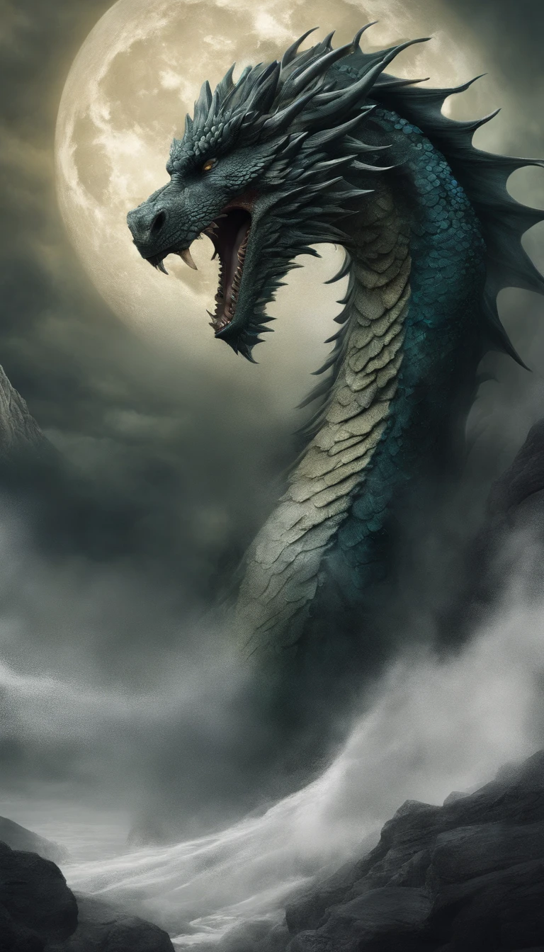 snow mountain, dragon,The numbers "2024" above the dragon, Like in a calendar, in large capital font. The numbers are shrouded in a cloud of smoke. higly detailed, smoothness, sharpness,in the style of Carn Griffiths and Vadim Kashin, Dark Fantasy, Highly realistic photo,super detaill, ,16k. The dragon has green ,mother-of-pearl color, The smile is friendly ,Explicit, ultra-blue eyes, Long eyelashes are clearly detailed, a lush mane, long hair on the mane, Developing, in the center, is looking at the camera, It's coming, dynamics, moon light , Rare stars flicker ,is beautiful.