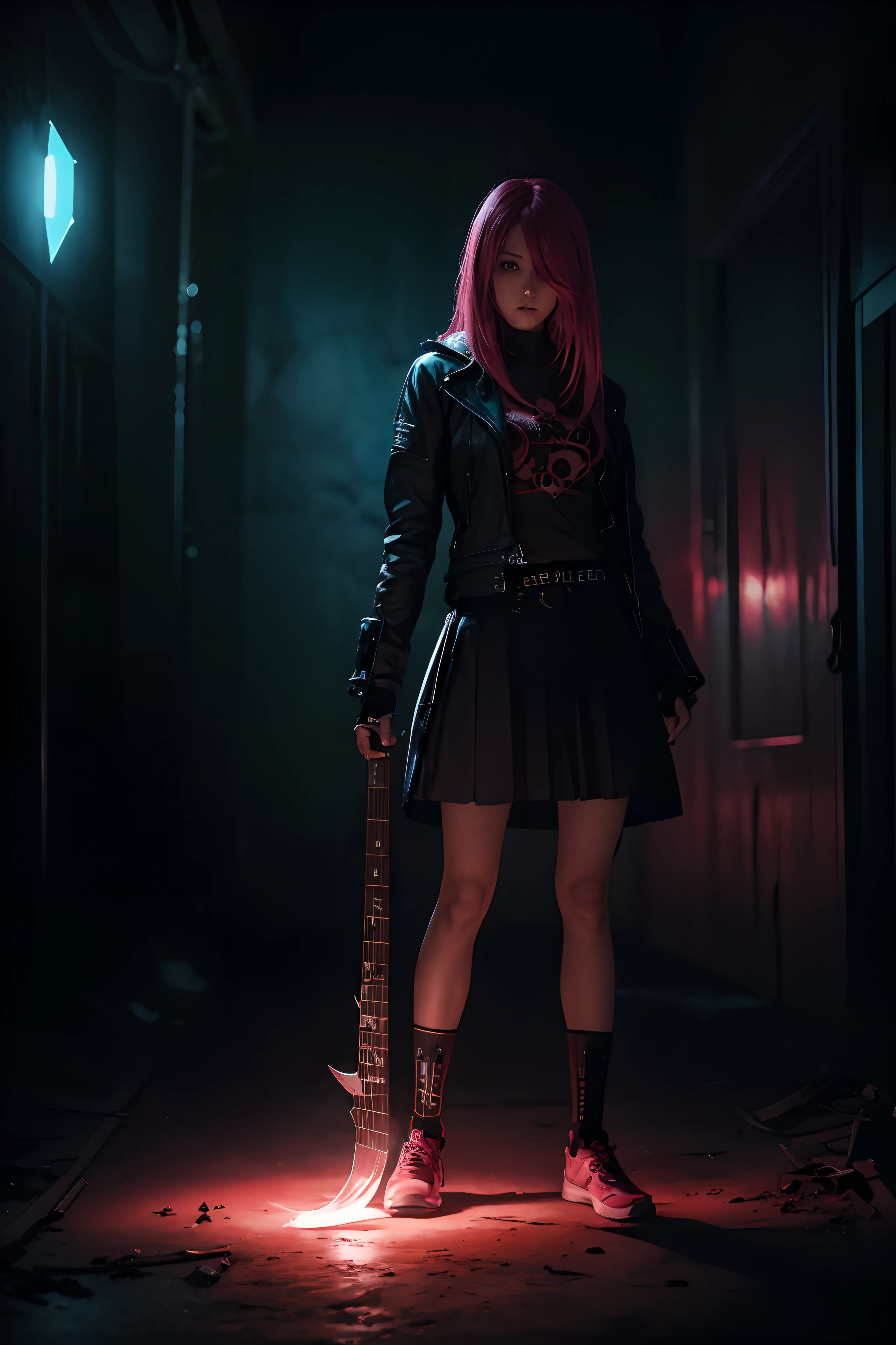 Hitori Gotō (Gotō Hitori?) Retrato ultra detallado , Long Warm Pink Hair Black Skirt Cyberpunk Ambience, con una guitarra, tocadola caminando,Shaded illustration of high-quality cells in post-apocalyptic style, cuerpo completo, dynamic pose, Perfect Anatomia, centrado, libertad, alma, approach to perfection, Sombreado de celdas, 4k, cinematic dramatic atmosphere, Pintura de acuarela, global ilumination, Entorno detallado e intrincado, Art Station, arte conceptual, fluid and sharp focus, volumetric illumination, cinematography lighting