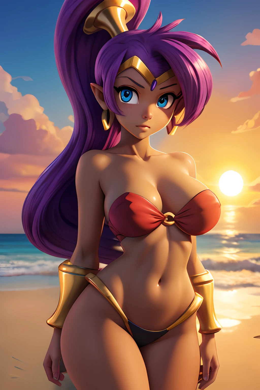 Girl Half-Jin Shantae, purple hair, Beautiful cute face, Innocent, Charming, embarrassed expression, Facing the camera, dark-skin, Skin color-mulatto, Body glare, ((pretty eyes)), Cyan eyes, ((Perfect Sexy Figure)), Ideal body shapes, big thighs, ((Subtle and beautiful)), ((Shantae Clothing)), stands in a sexy position, Full-length, background: seashore sunset, Depth of field, ((ultra quality)), ((tmasterpiece)), clear image, crisp details, Realistic, Professional Photo Session, Clear Focus, the anime, Colorfully drawn, NSFW