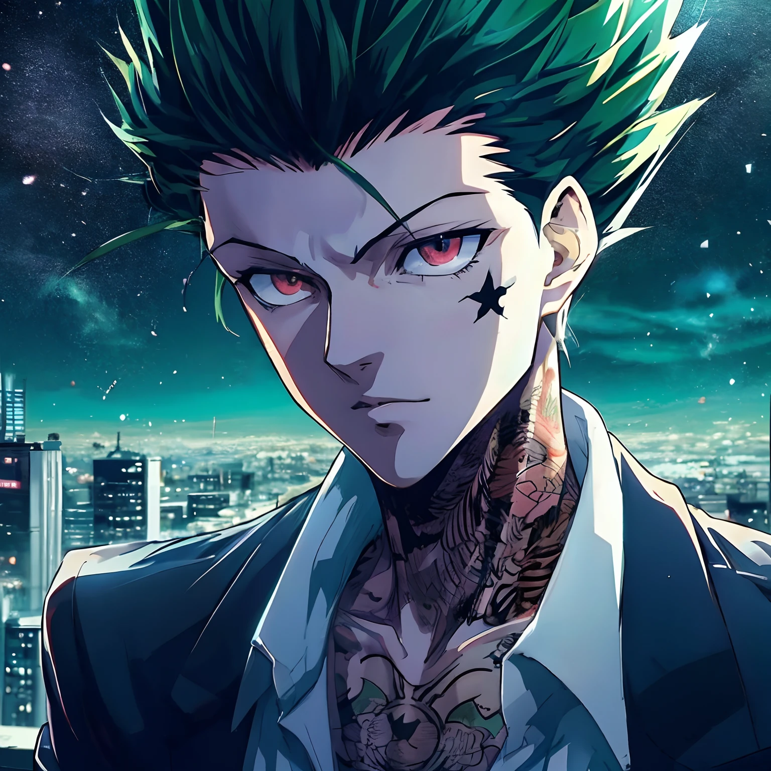"a detailed artwork by Majima Goro in an snake jacket on naked body, snake print jacket, shirtless, eye patch, black eye patch with a serious expression, Yakuza, 4K, 8k, FULL HD, Corps entier, yakuza Art Style, Hyperrealistic drawing style, Clean and detailed anime art, city background, Majima Goro, tattoo"
