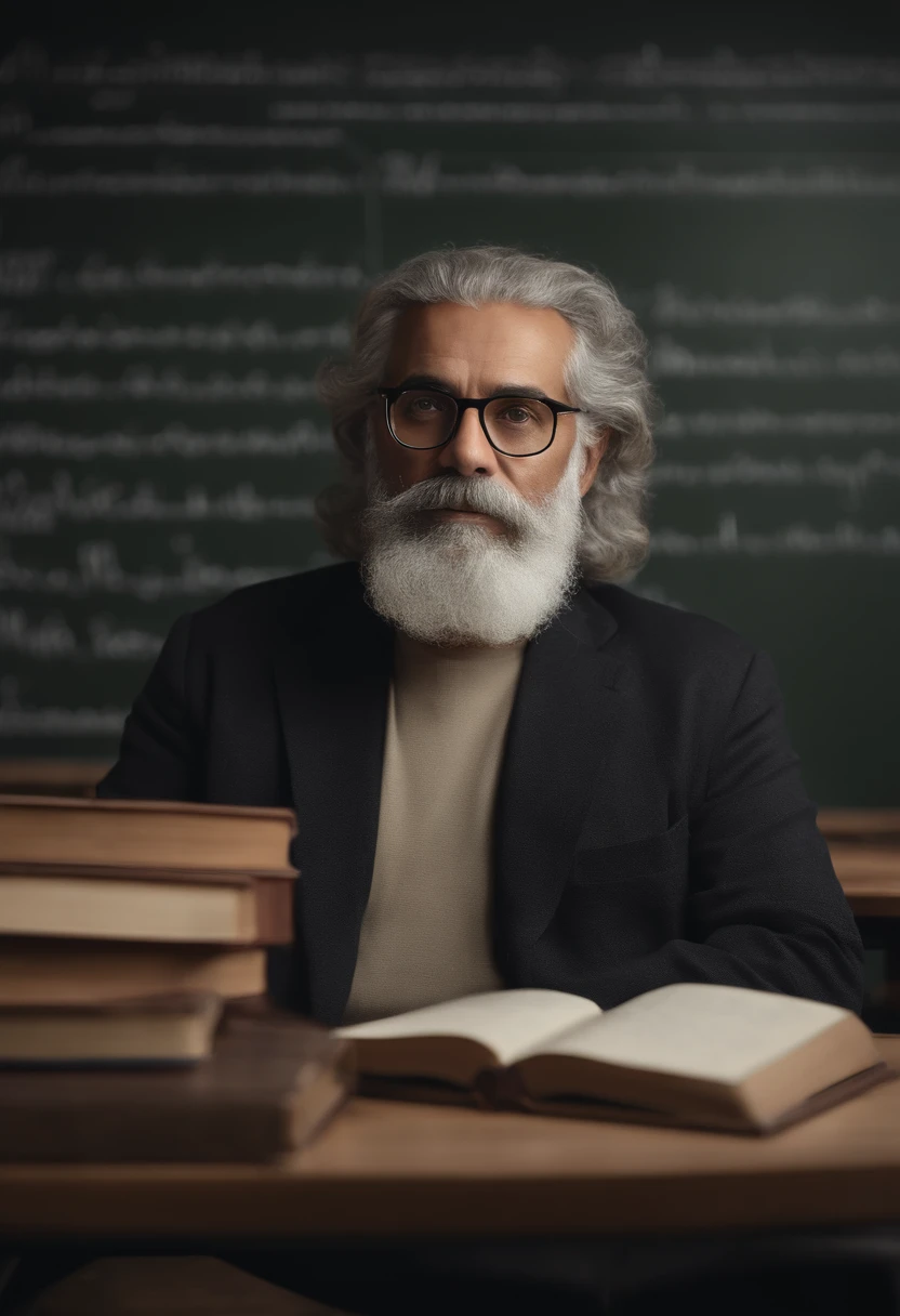 A 50-year-old man sitting in a classroom with glasses, cabelos grisalhos curtos, e uma fina barba grisalha, ler um livro de Marx. (best quality,4k,8k,Altas,master part:1.2),ultra-detalhado,(Realistic,fotorrealista,photo-realistic:1.37),academia,Serious expression,atmosfera livresca,Estantes cheias de livros,Blackboard with equations,Mesas e cadeiras de madeira,soft warm lighting,Academic environment,detailed facial features,humor contemplativo,esquema de cores cinza.