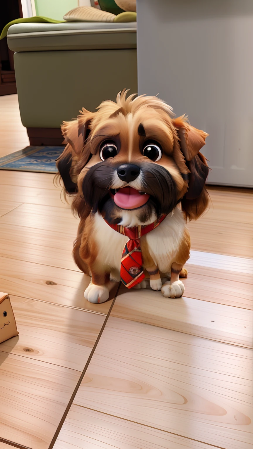 There's a small dog sitting on a tiled floor with a tie around his neck, peludo bonito precisa de sua ajuda, Shih Tzu, havanese dog, 2 anos, an afghan male type, aw, Directed by: Emma Andijewska, with a happy expression, happily smiling at the camera, um bonito, Dog cute, 5 anos