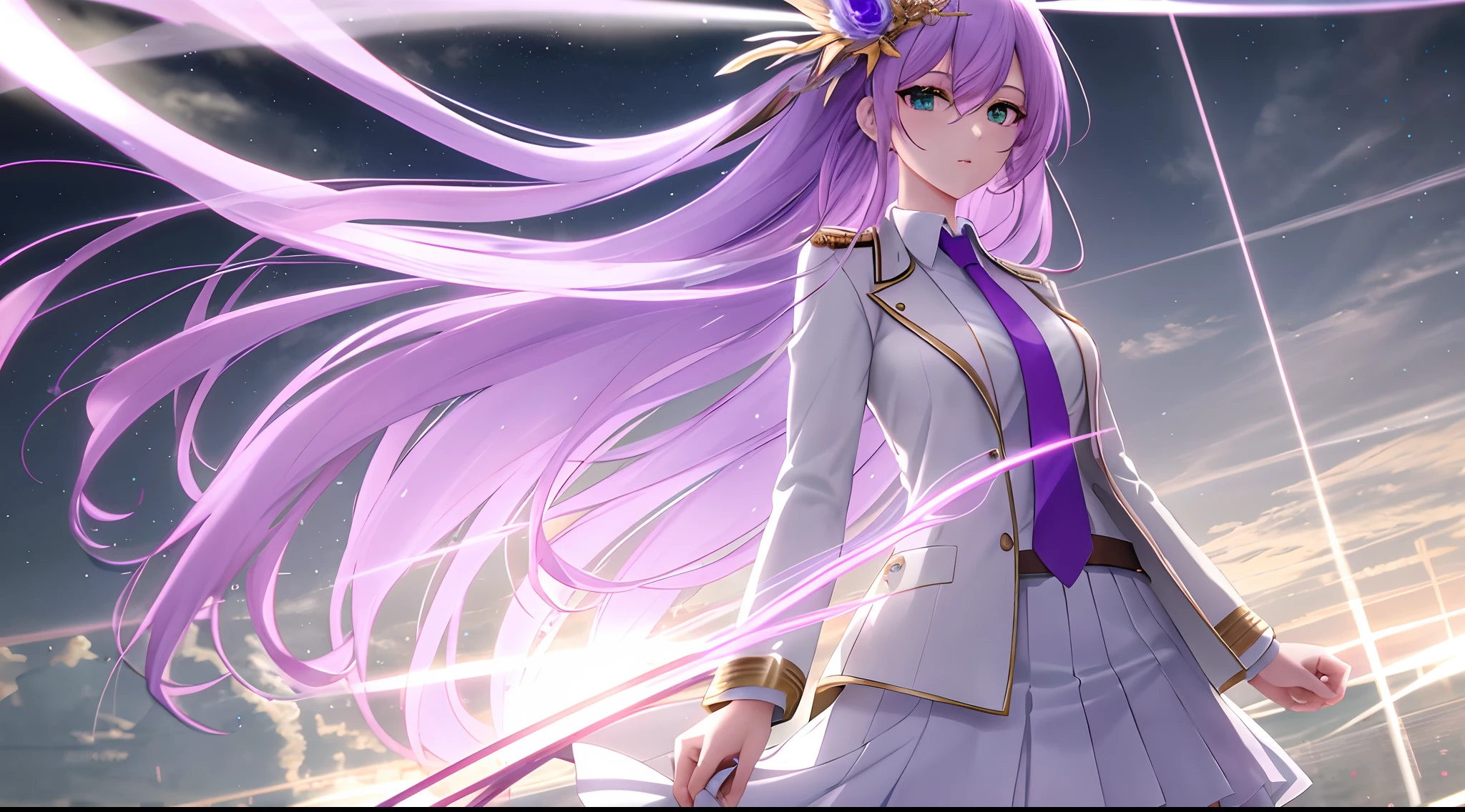 Athena with plain long light purple hair,hair between eyes,green eyes,rosy cheeks,full lips,thin eyebrows,slender body,wearing school coat necktie and full long skirt,cute anime girl,full body,white marble greek temple in background,anime style,extremely deep depth of field,Lumen Reflections,Screen Space Reflections,Diffraction Grading,Chromatic Aberration,GB Displacement,Scan Lines,Ray Traced,Anti-Aliasing,FXAA,TXAA,RTX,SSAO,Shaders,OpenGL-Shaders, GLSL-Shaders,Post Processing,Post-Production,cell Shading,Tone Mapping,CGI,VFX,SFX,insanely detailed and intricate, 4K,standing, solo, masterpiece, best quality, detailed face, detailed eyes, highres, standing, solo,masterpiece, best quality