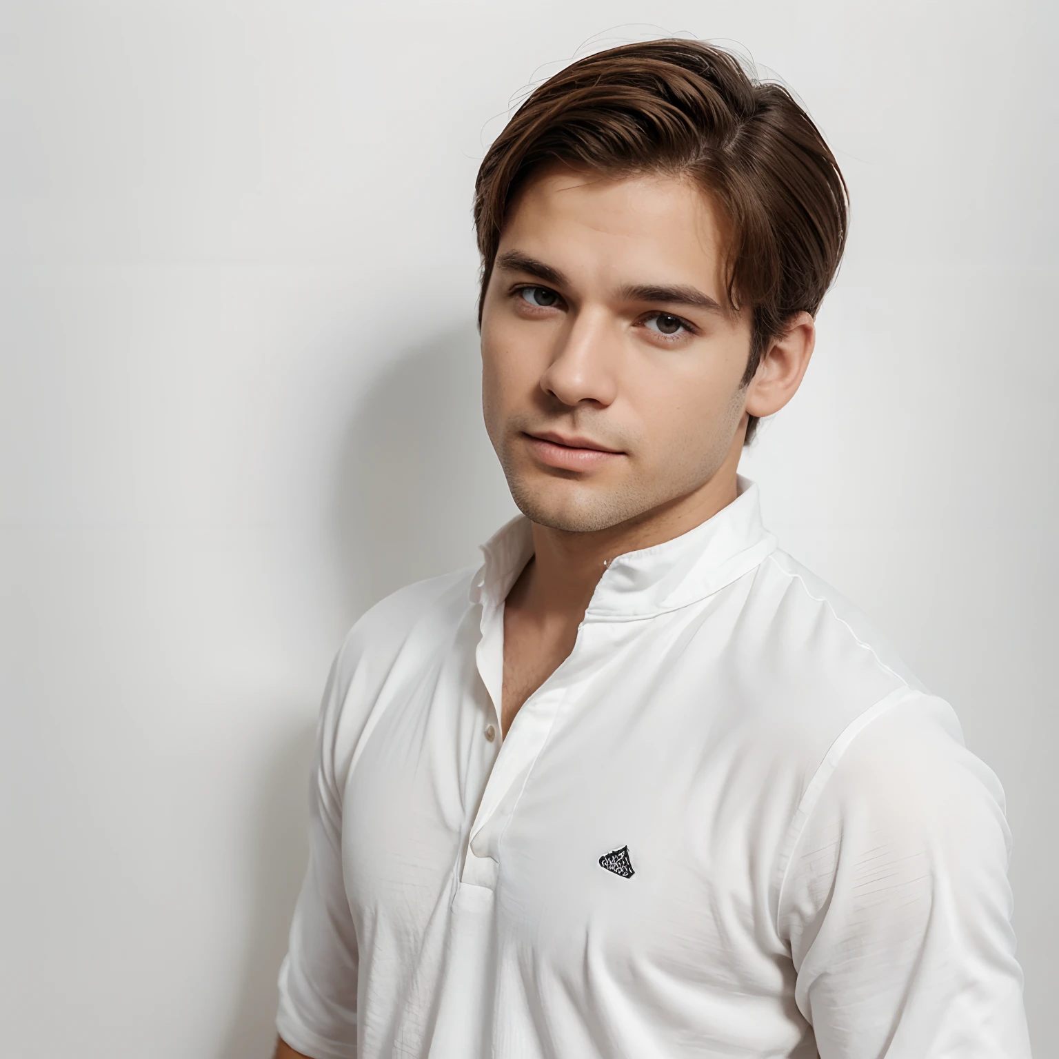 Um homem branco de trinta anos, He has brown hair and is on a white image background, realista