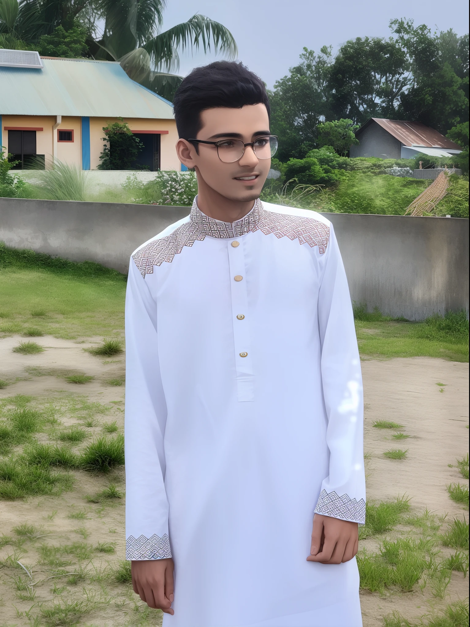 arafed man in white shirt standing in front of a building, wearing a kurta, riyahd cassiem, wearing a silk kurta, ismail, background is heavenly, a handsome, young commoner, dressed thobe, mohamed chahin, wearing an old tunic, inspired by Bikash Bhattacharjee, inspired by Sarper Baran