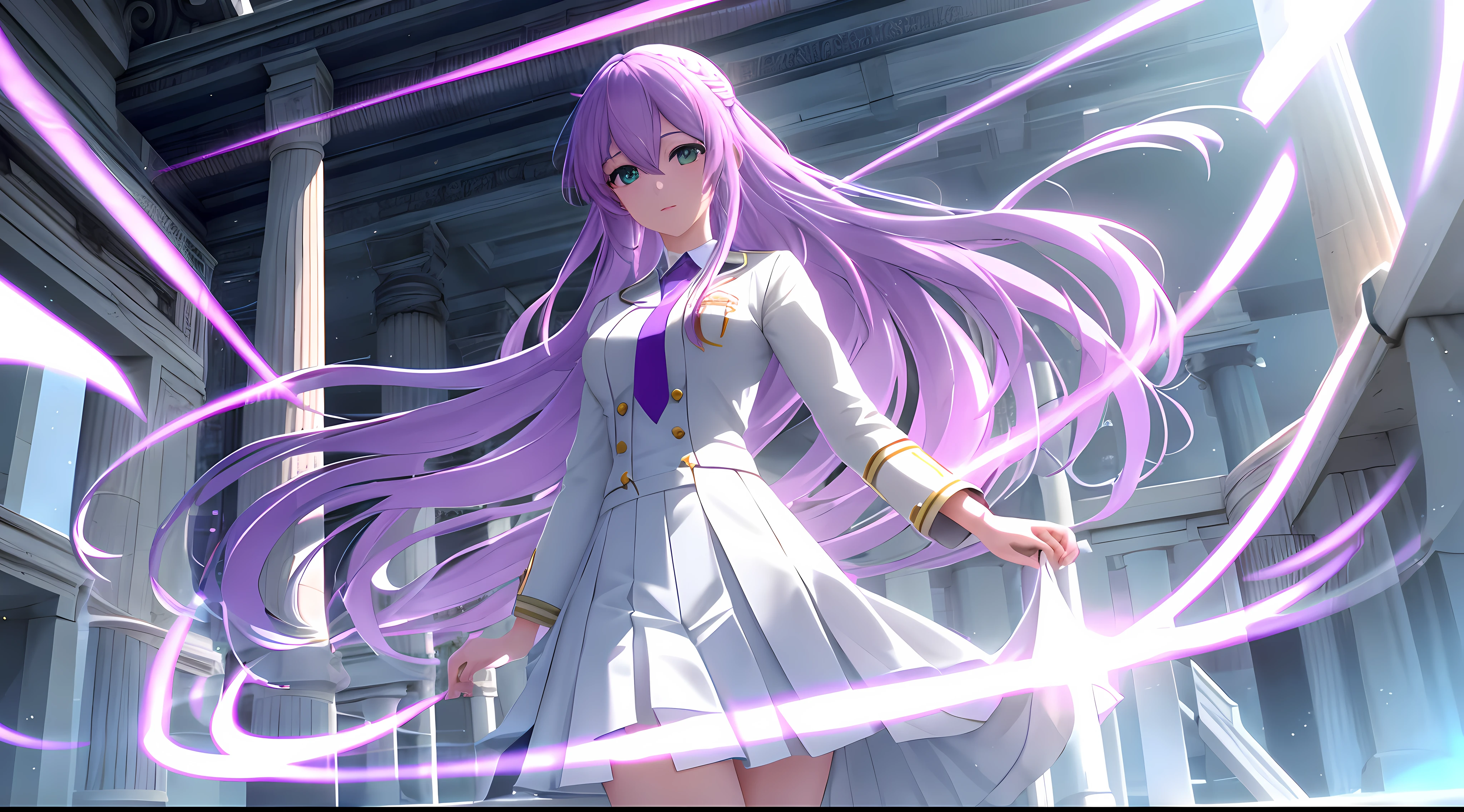 Athena with plain long light purple hair,hair between eyes,green eyes,rosy cheeks,full lips,thin eyebrows,slender body,wearing school coat necktie and full long skirt,cute anime girl,full body,white marble greek temple in background,anime style,extremely deep depth of field,Lumen Reflections,Screen Space Reflections,Diffraction Grading,Chromatic Aberration,GB Displacement,Scan Lines,Ray Traced,Anti-Aliasing,FXAA,TXAA,RTX,SSAO,Shaders,OpenGL-Shaders, GLSL-Shaders,Post Processing,Post-Production,cell Shading,Tone Mapping,CGI,VFX,SFX,insanely detailed and intricate, 4K,standing, solo, masterpiece, best quality, detailed face, detailed eyes, highres, standing, solo,masterpiece, best quality