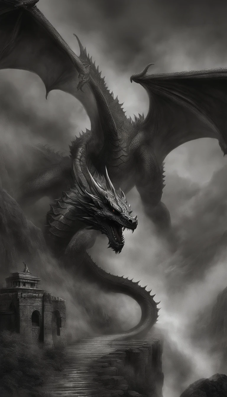 Capture the essence of eternal chaos and impending doom in this masterful graphite rendering by the renowned artist. "Inferno's Majesty: The Malevolent Dragon" is a visual symphony of darkness and despair, a haunting portrayal of a world on the brink of destruction. The heart of the composition is the malevolent dragon, a creature of unfathomable power and malevolence. Its sinewy body coils like a stormy tempest, every graphite stroke emphasizing its strength and dominance. The dragon's eyes burn with an otherworldly fire, a sinister glow that pierces the very soul of those who dare to meet its gaze. Its teeth, sharp as obsidian blades, drip with a venomous anticipation. As the dragon rears back, its colossal wings unfurl like the tattered remnants of a fallen kingdom, casting an ominous shadow over the scorched earth below. The skies are choked with smoke and ash, a testament to the devastation that follows in its wake. But amidst the chaos, a once-mighty citadel stands, now a crumbling bastion of resistance against the dragon's reign of terror. Flames lick at its walls, devouring the grandeur that once defined this majestic fortress. The juxtaposition of the dragon's menacing presence and the fragile beauty of the burning citadel serves as a poignant reminder of the fragility of power and the inevitable march of time. The artist's meticulous use of graphite allows for a stunning interplay of light and shadow, lending depth and texture to every stroke. The viewer is transported to a realm where fear and awe collide, where the sinister dance of the dragon and the flames is frozen in an eternal moment of chaos. "Inferno's Majesty: The Malevolent Dragon" is more than a mere artwork; it is an experience that beckons the audience to contemplate the eternal struggle between destruction and resilience, power and vulnerability. The artist's deft hand and keen eye have crafted a masterpiece that will forever haunt the viewer's imagination, a testament to the timeless a