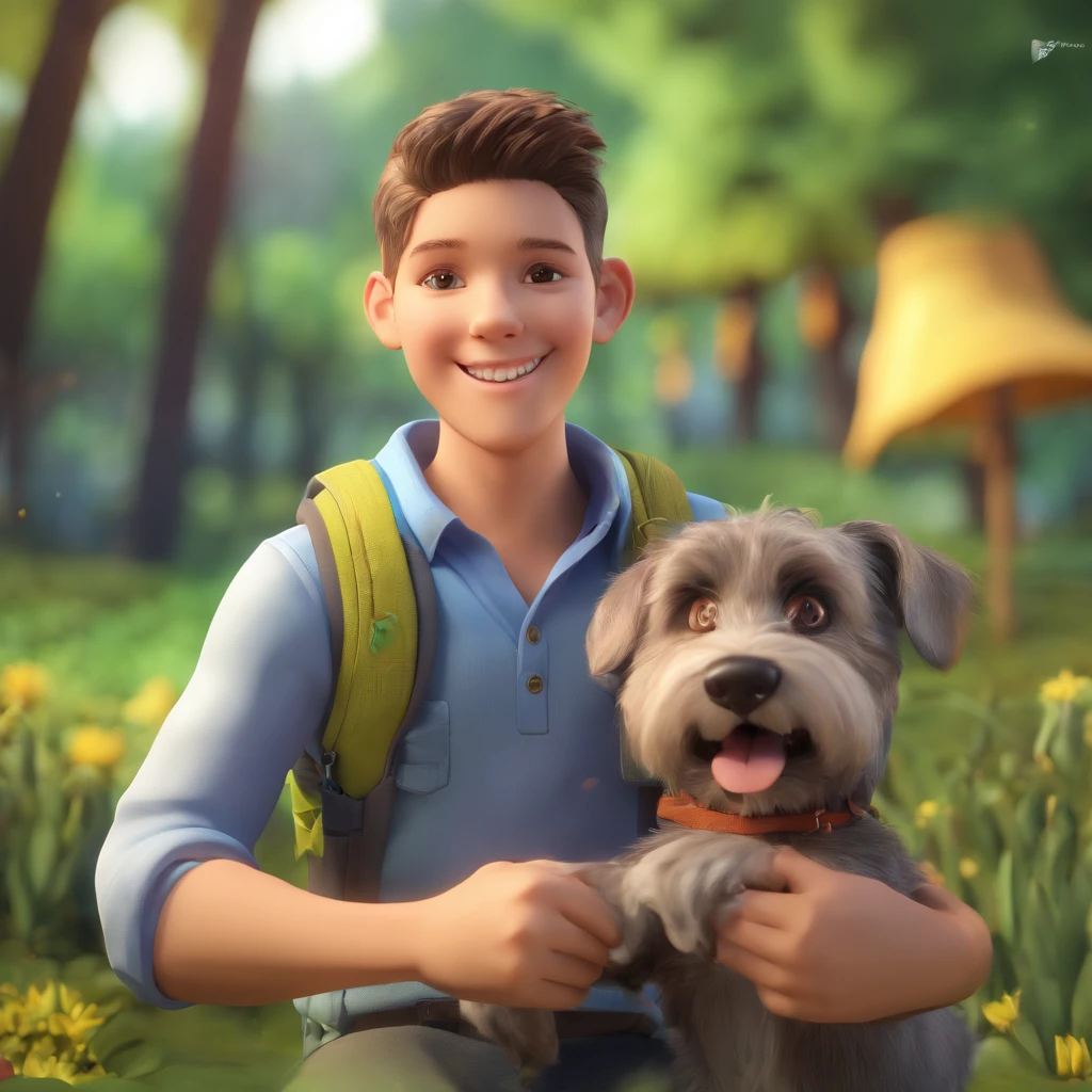 Lucas is a smiling 15-year-old human boy, com seu fiel amigo, Bolt, o cachorro schnauzer, deitados no jardim