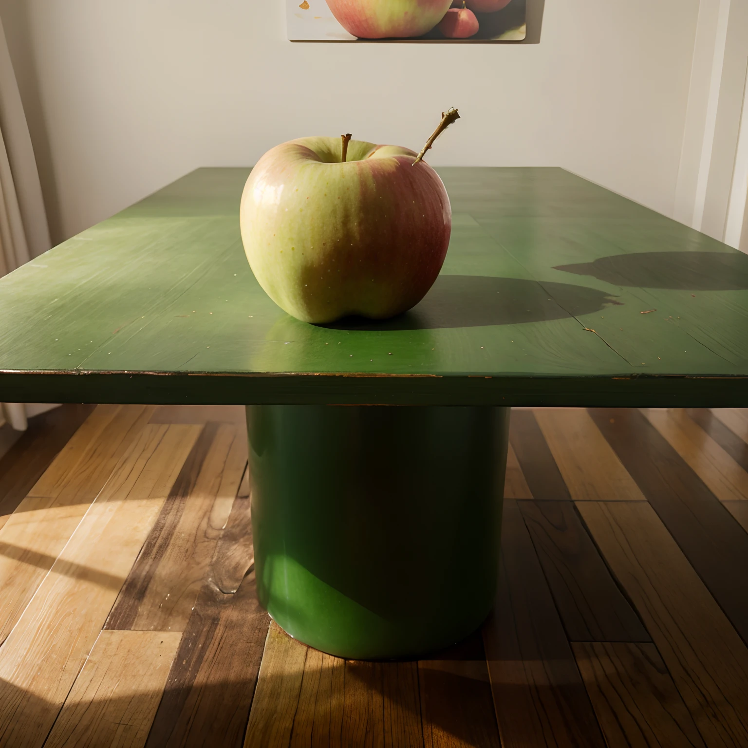 An apple green on a table