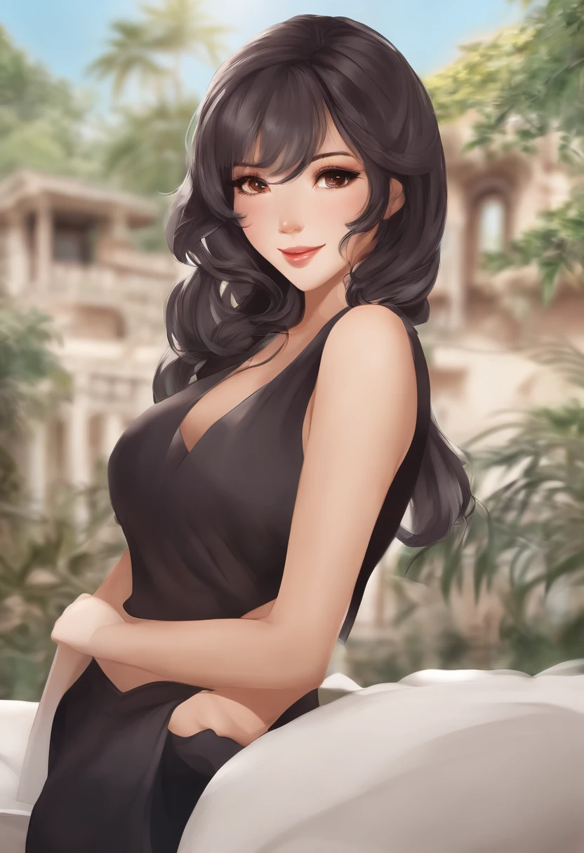 Obra maestra, La mejor calidad, {La mejor calidad}, {{Obra maestra}}, {Altas Resoluciones}, Focus, Anime style, Un primer plano de una caricatura de una mujer, Girl's design, Mara, retrato, Giesha, Imagen de anime, Cabello largo, cabello ?????, ojos heterocromos, Cabello que cubre las orejas, feliz, Aspecto pulido y potente, exotic, alto, Pecas, sonriente  City background