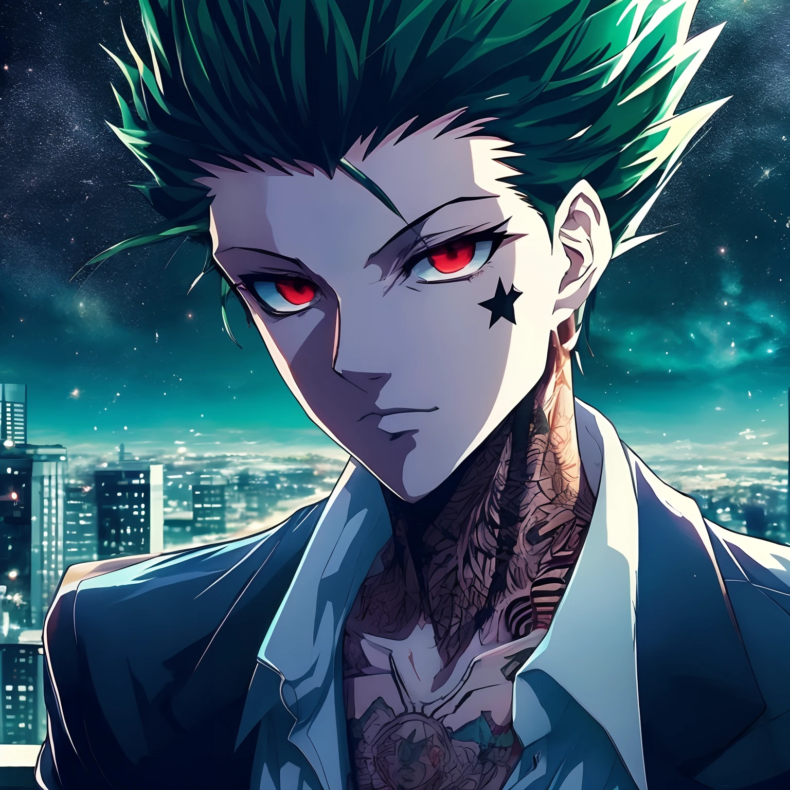 um close up de uma pessoa com cabelos verdes e olhos vermelhos, Anime Wallaper, badass anime 8 k, 4 k manga wallpaper, estilo anime 4K, 4k anime wallpapers, Anime Wallpaper 4k, Gatilho Estilo de Arte de Anime, hd Anime Wallaper, Papel de parede anime 4k, papel de parede anime ultra hd, arte anime de alta qualidade, hunterxhunter