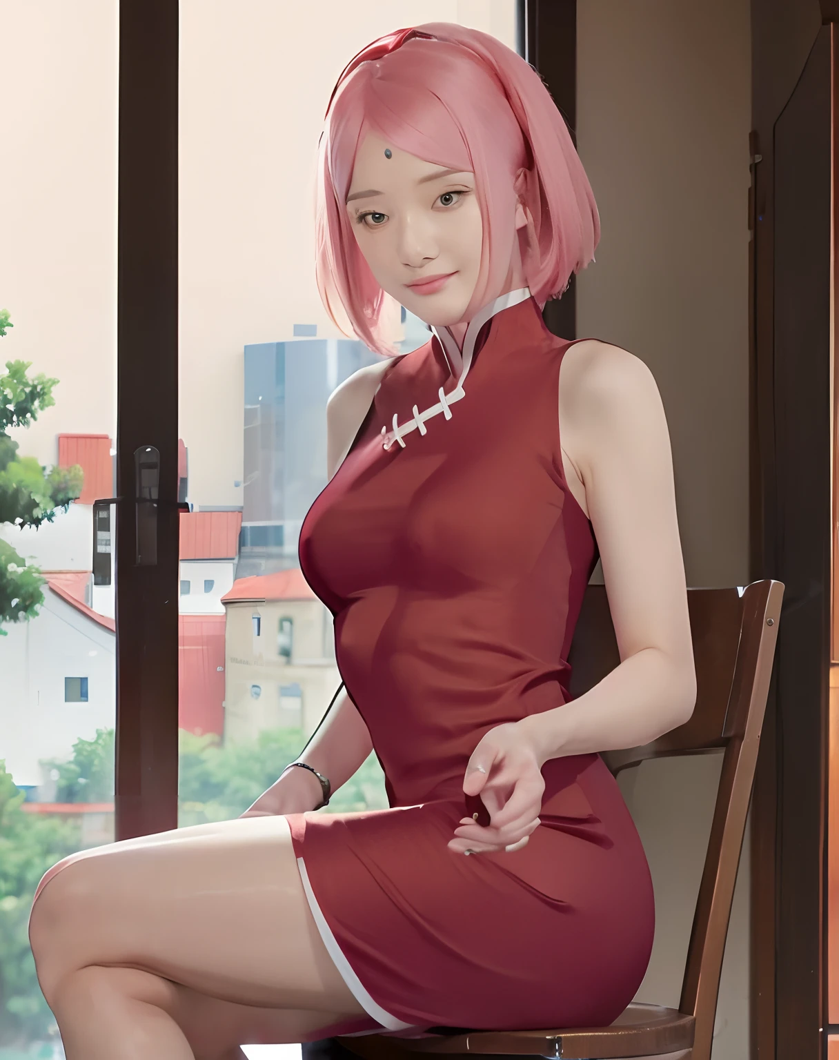 Pink hair shorthair、hime-cut、Girl with golden eyes、View of the crotch from below、flat chest、Thin pubic hair、Beautiful open legs、shrine maiden