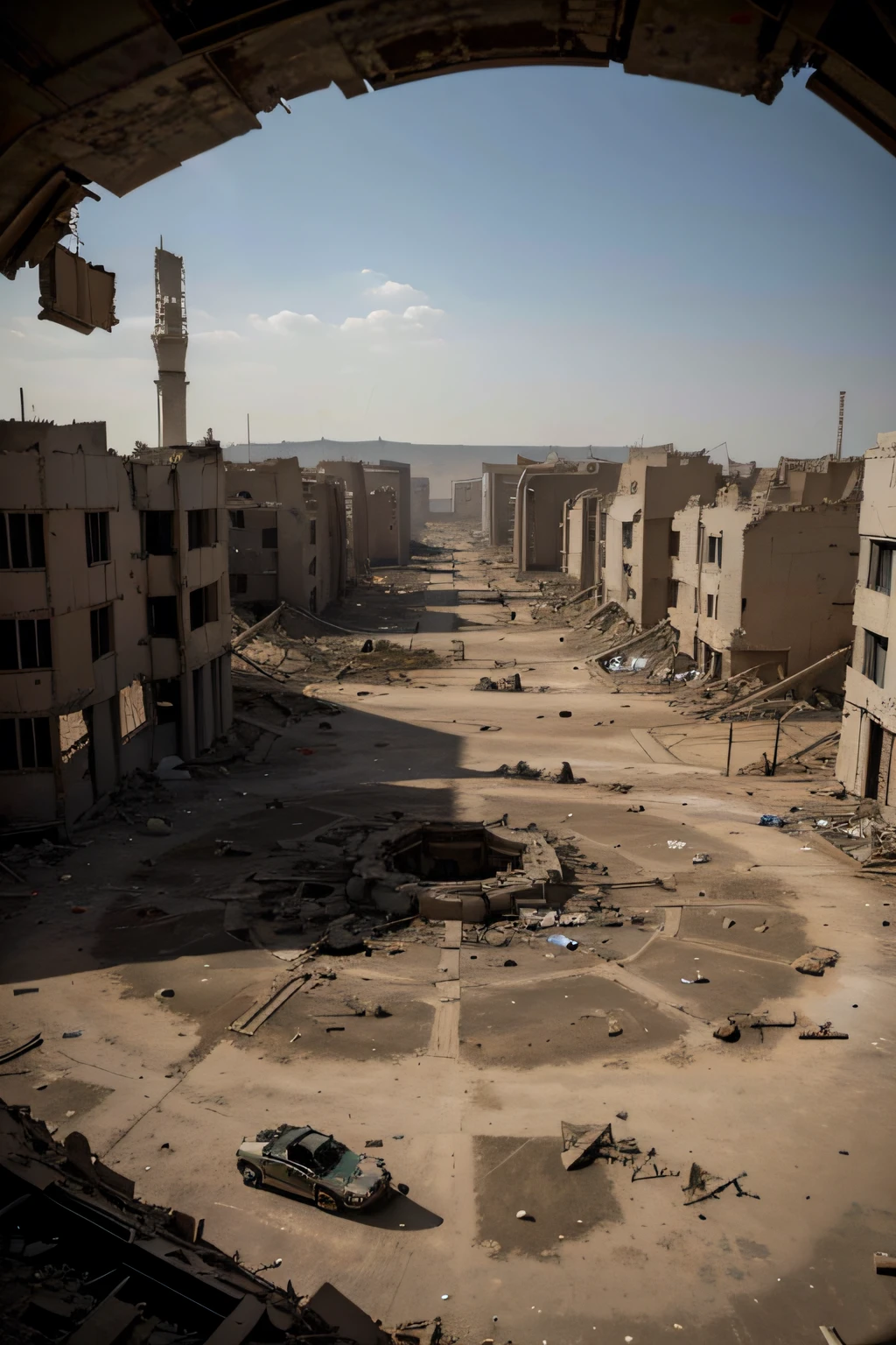 From an aerial vantage, a desolated city (destroyed) by war emerges, reduced to (debris) and dust. Amid the desolation, a poignant formation materializes, taking the poignant silhouette of a child. The stark juxtaposition of devastation and the delicate outline conveys a profound narrative of (loss) and (resilience). View from the sky
