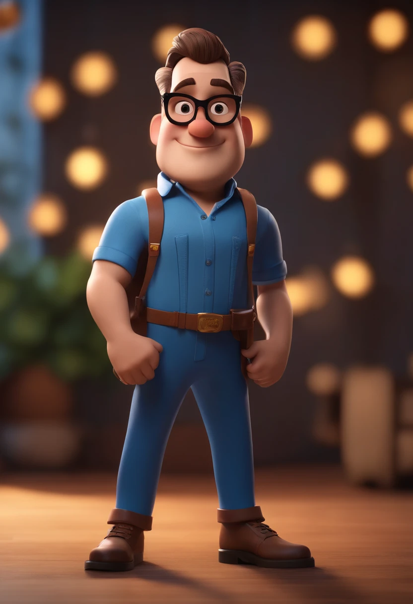 Cartoon character of a man wearing black glasses and a blue shirt, um personagem animado, Caractere estilizado, animation style rendering, 3D estilizado, Arnold Maya render, 3 d render stylized, toon render keyshot, Personagem 3D, Personagem 3D, 3d rendering stylized, 3 d character render, personagem de desenho animado, Personagem de close up, Pose de personagem, (Estilo Pixar) (master part:1.2) (Bokeh) (best quality) (pele detalhada) (textura detalhada) (8k) (argila) (Cinematic lighting) (foco nítido，Senta e vaza a parte superior do corpo