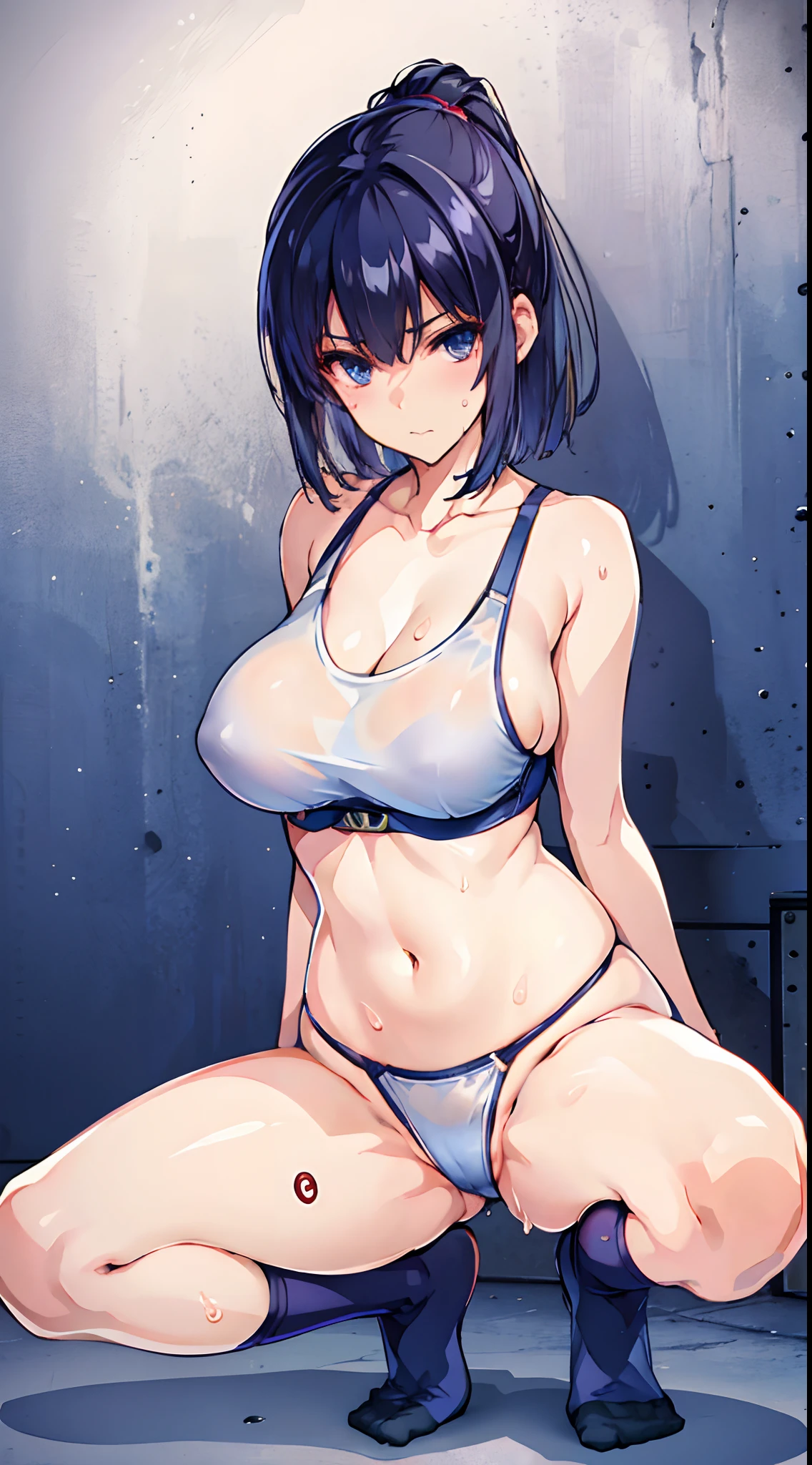 Tank Tops,((Navy blue buruma)),white t-shirts,cropped shirt,1girl in, Solo,(A MILF), (((maturefemale,Adult Woman))),masuter piece, of the highest quality, ultra-definition, max resolution, A highly detailed, Clean skin, Extremely sexy,Large breasts,highleg,((groin)),athletic field,Sweat,Seductive thighs,Bite,Short socks,thong,The bra is sheer