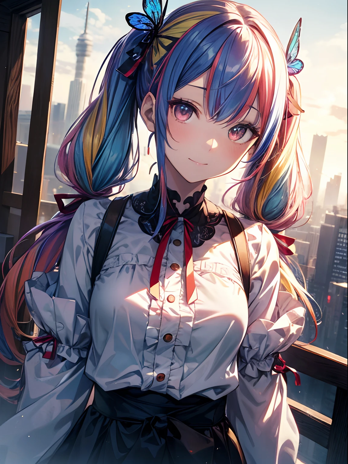 (masutepiece:1.3), (8K, Photorealistic, Raw photo, Best Quality: 1.4), Beautiful face, (Realistic face), Beautiful detailed eyes, (Realistic skin), Attractive, Intricate details,Golden ratio, 1 girl,Naughty smile, (rainbow hair:1.4),((Long twintails,Ribbon 1.4)),(Blue butterfly hair ornament),newyork, (gradation hair, Dutch angle:1.3), film grains, chromatic abberation, 城市, ​masterpiece, top-quality, Raw foto, Photorealsitic, absurderes, 1girl in, cute little, Near and far law, cowboy  shot, hight resolution, ultra-detailliert, Eyes and faces with detailed, Sharp pupils, Realistic pupils, foco nítido, 夏天, natta