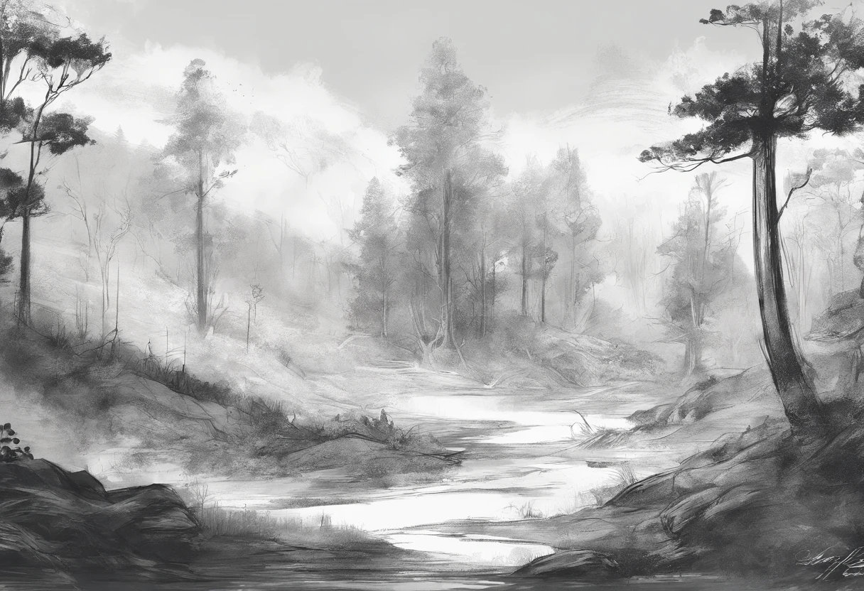 paisagem da montanha, deciduous forests, Charcoal sketch, muito detalhado e delicado