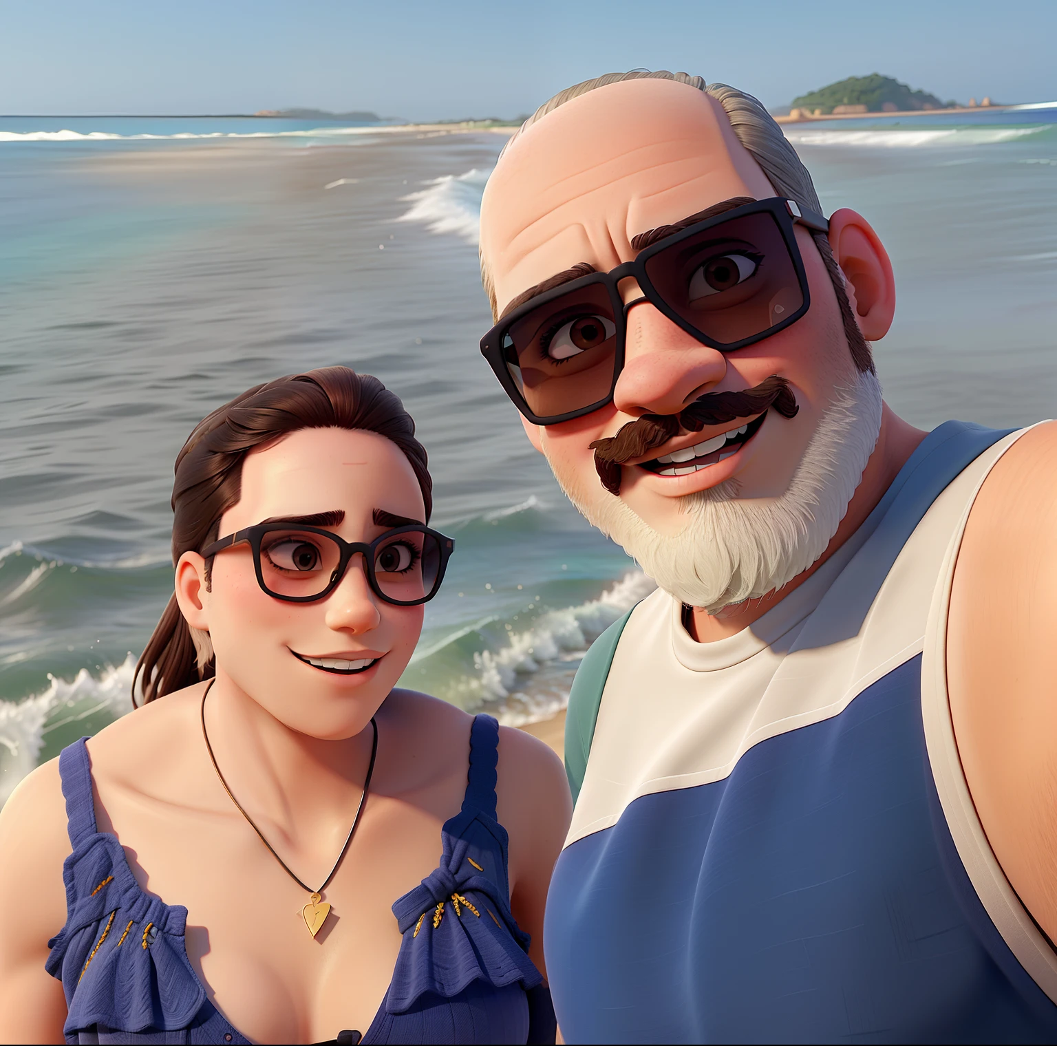 Young couple with sunglasses and passionate look. O rapaz tem barba no rosto todo. The two of them are on a very beautiful beach