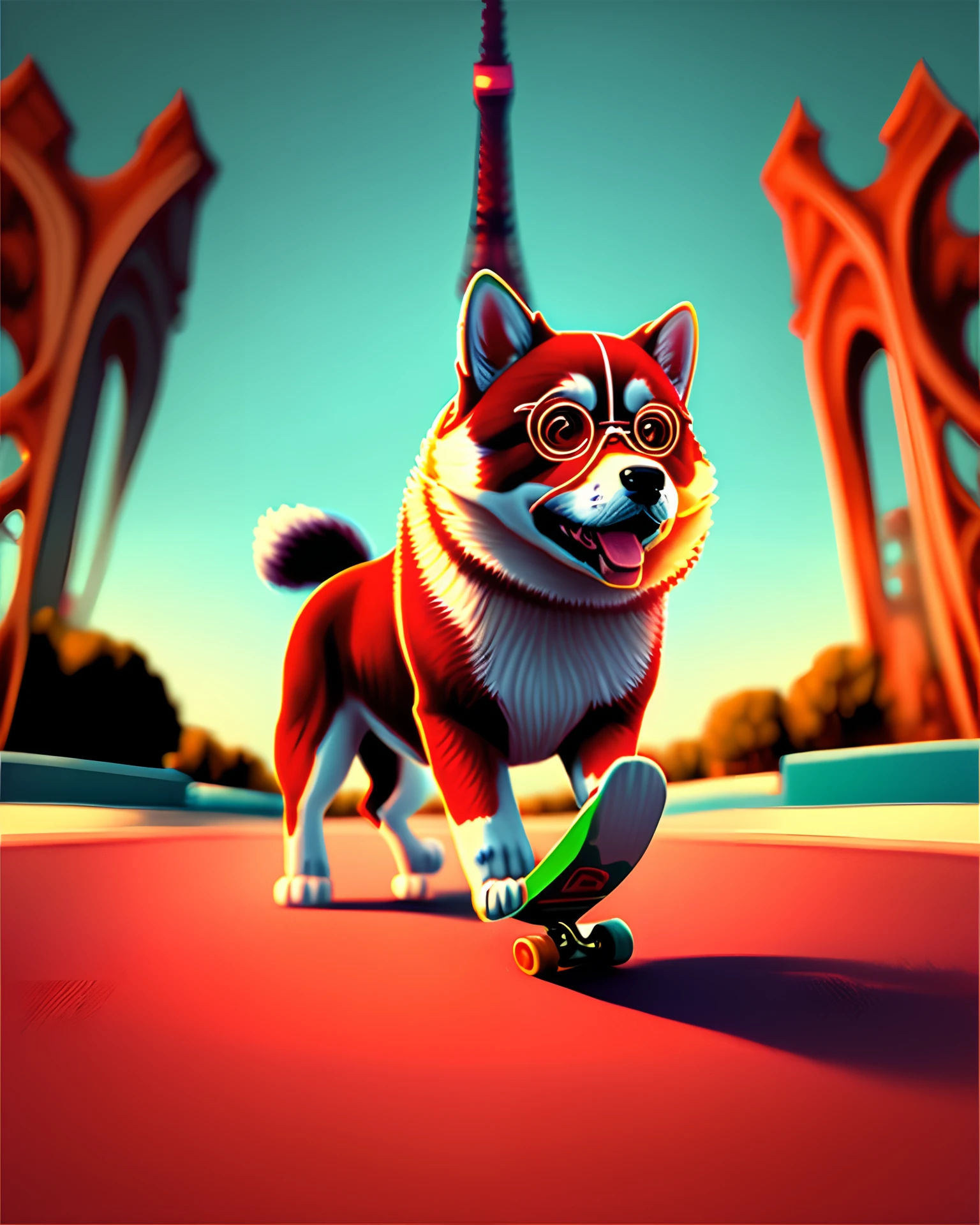 3D pixar cartoon image of only a red akita inu with glasses on top of red skateboard at speed 3D pixar style the eifel tower of Paris in the background and cinematic lighting
