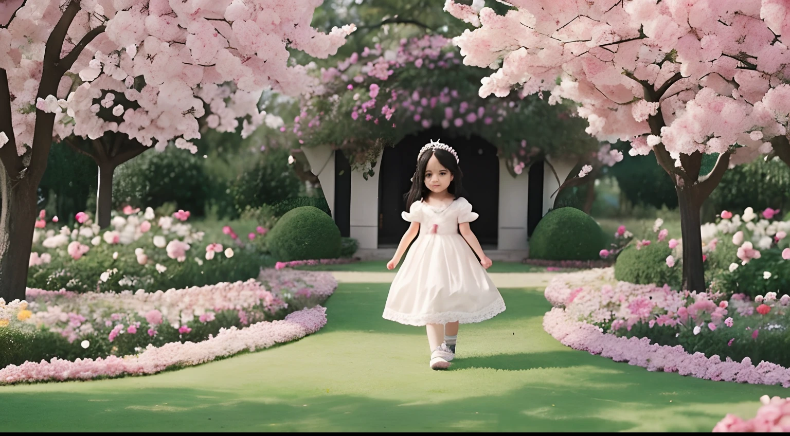 A CHARMING little PRINCESS with black hair WHO LIKED TO WALK THROUGH THE enchanted GARDEN full of flowers