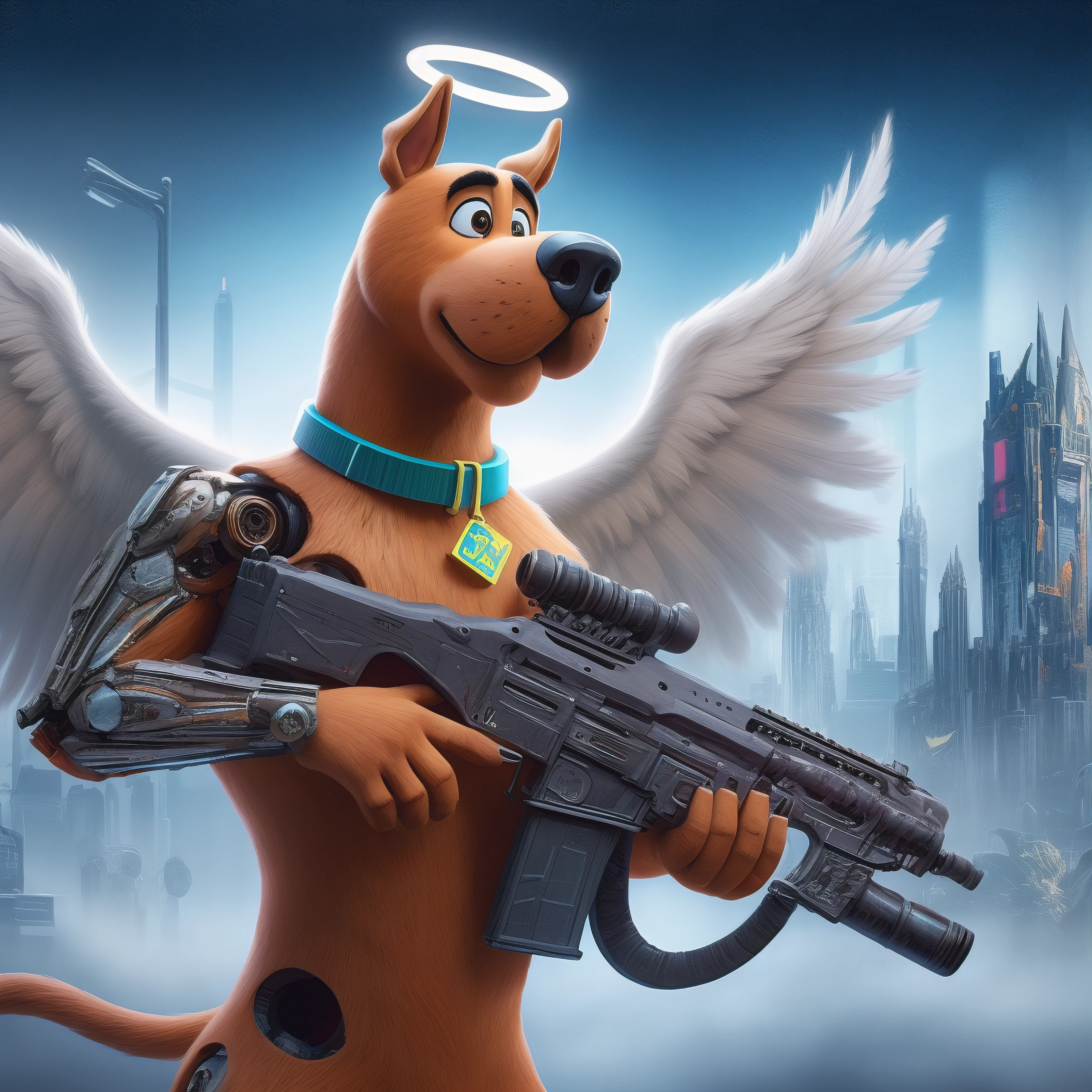 a cartoon dog with a gun and angel wings in a city, cg art, cyborg dog, dog as a god, animated film, 3 d animated movie, animated movie, profile picture 1024px, death and robots, animated movie shot, death + robots series of netflix, love death + robots, vorestation borg hound, movie promotional image