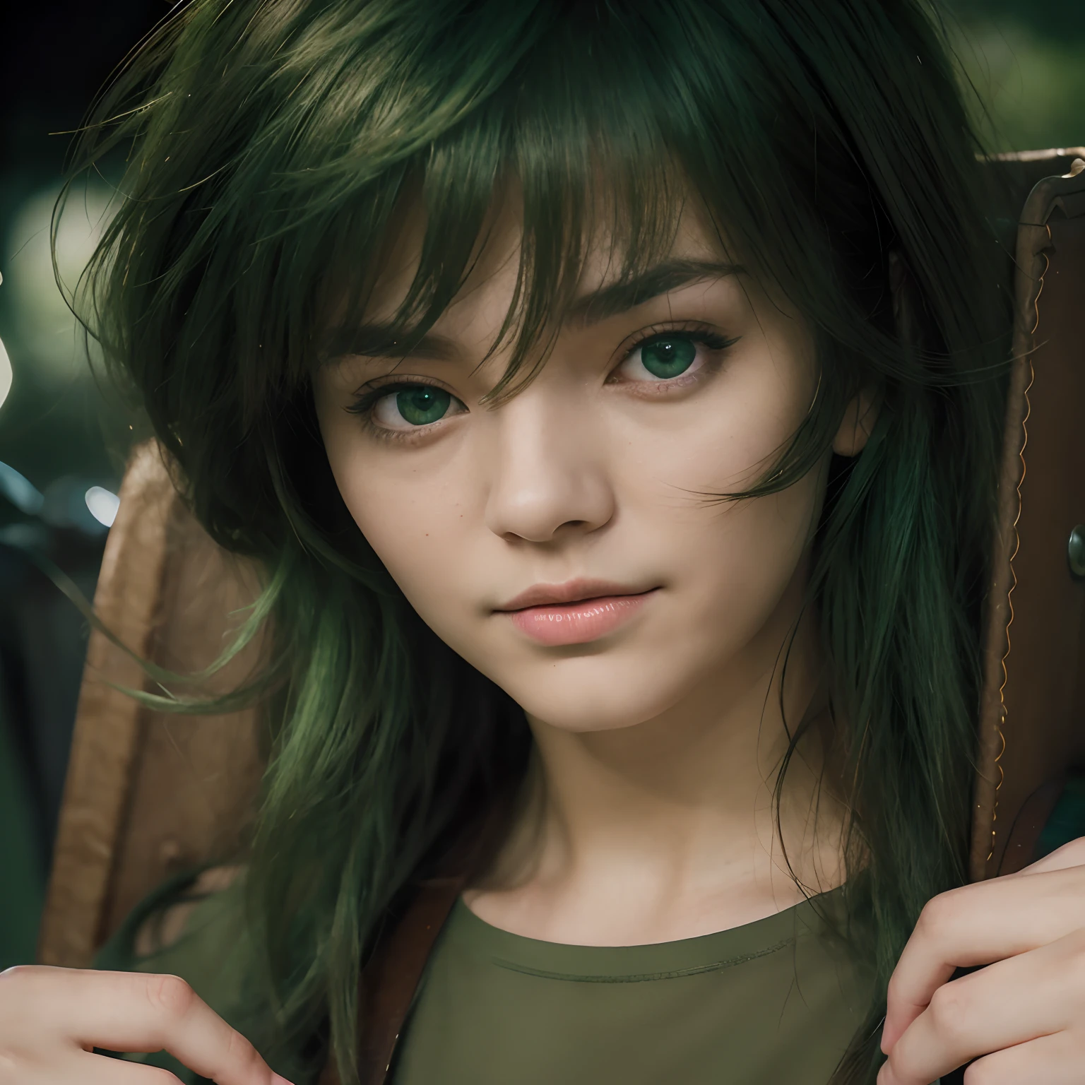 (masterpiece), (realistic) , close up portrait of a man, (male), 20 years old, asian (1boy), serious expression, solo, (very pretty handsome man), ((pretty big green eyes)), ((well done eyes)), ((perfect eyes)), serious, powerful look, medium messy green hair, ((bangs)), hair blowing in the air, (beardless), green t-shirt, aurora boreal sky background, metal box on his back, handle leather shoulder straps, cinematic lighting. (((Less female face))).