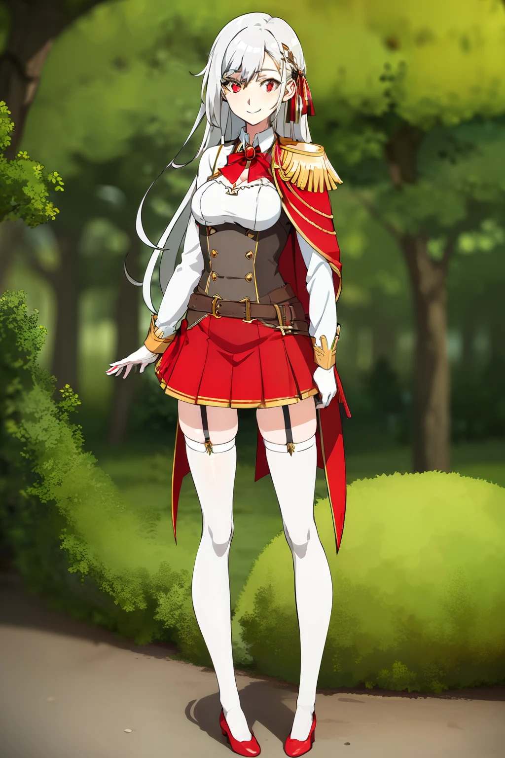 masterpiece, best_quality, 1girl, small_breasts, inglis, white_hair, long_hair, red_eyes, red-yellow_cloak, skirt, white_stockings, shoes, uniform, black_hairpin, red_bow_tie, smile, forest, ultra-detailed, cleavage