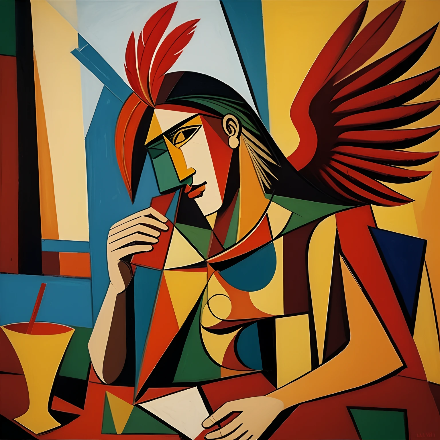 Man, cubism paint, fire, red feathers, picasso, phoenix