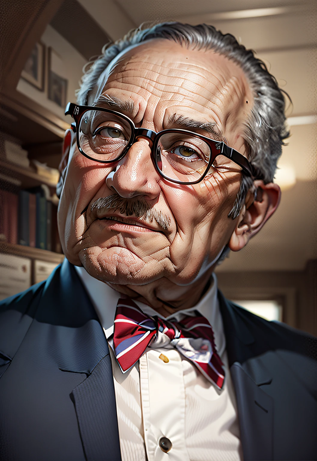 Color portrait of economist Murray Rothbard, 50 years old, wearing a bow tie with red and navy blue stripes, brown eyes, gray hair, brown acrylic men's glasses, super realistic.