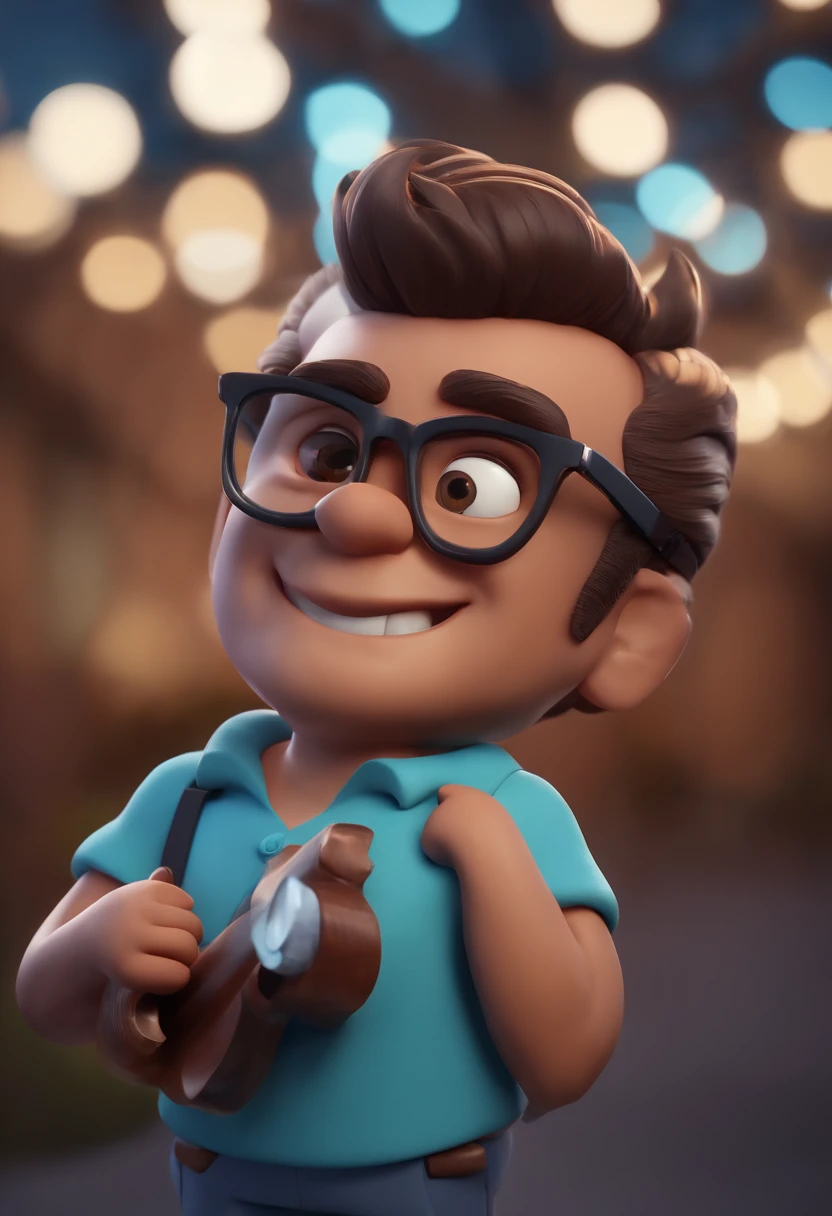 Cartoon character of a dark brunette man with black glasses and a blue shirt, , Bald Man Playing Cross Flute Animation Character, Caractere estilizado, animation style rendering, 3D estilizado, Arnold Maya render, 3 d render stylized, toon render keyshot, Personagem 3D, Personagem 3D, 3d rendering stylized, 3 d character render, personagem de desenho animado, Personagem de close up, Pose de personagem, (Estilo Pixar) (master part:1.2) (Bokeh) (best quality) (pele morena ) (textura detalhada) (8k) (argila) (Cinematic lighting) (foco nítido