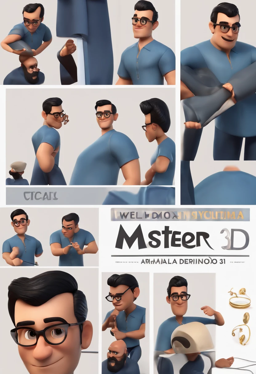 Cartoon character of a dark brunette man with black glasses and a blue shirt, , Bald Man Playing Cross Flute Animation Character, Caractere estilizado, animation style rendering, 3D estilizado, Arnold Maya render, 3 d render stylized, toon render keyshot, Personagem 3D, Personagem 3D, 3d rendering stylized, 3 d character render, personagem de desenho animado, Personagem de close up, Pose de personagem, (Estilo Pixar) (master part:1.2) (Bokeh) (best quality) (pele morena ) (textura detalhada) (8k) (argila) (Cinematic lighting) (foco nítido
