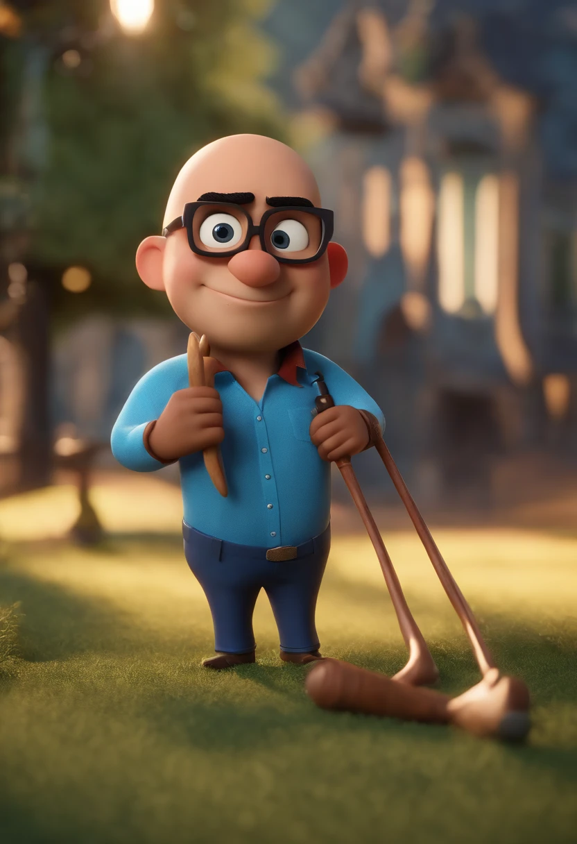 Cartoon character of a dark brunette man with black glasses and a blue shirt, , Bald Man Playing Cross Flute Animation Character, Caractere estilizado, animation style rendering, 3D estilizado, Arnold Maya render, 3 d render stylized, toon render keyshot, Personagem 3D, Personagem 3D, 3d rendering stylized, 3 d character render, personagem de desenho animado, Personagem de close up, Pose de personagem, (Estilo Pixar) (master part:1.2) (Bokeh) (best quality) (pele morena ) (textura detalhada) (8k) (argila) (Cinematic lighting) (foco nítido